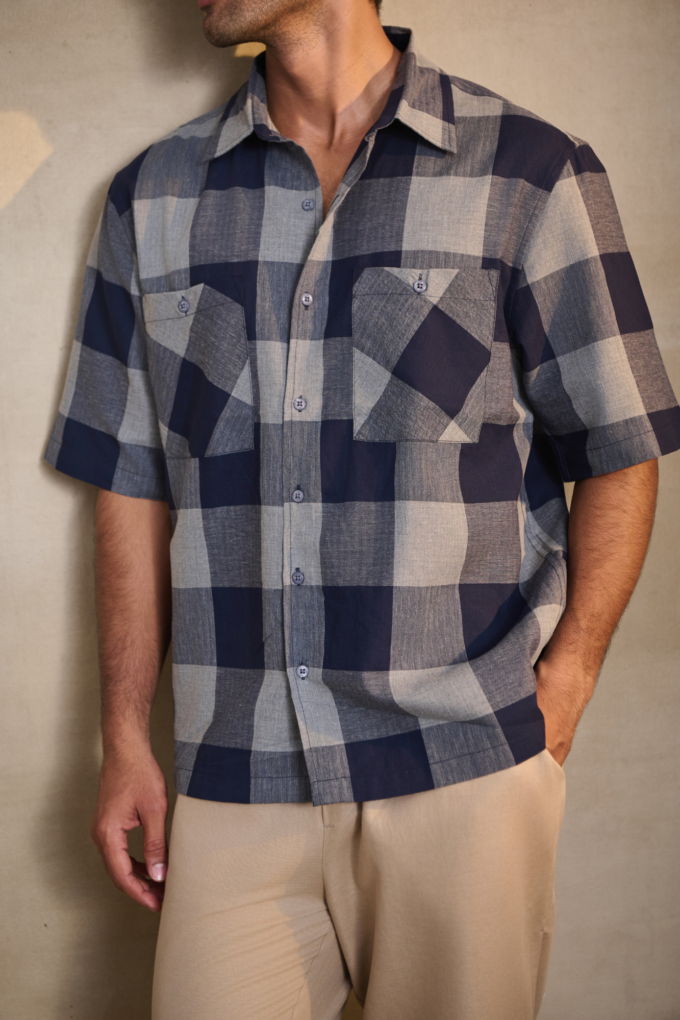 Half Sleeves Oversize Shirt with Double Patch Pocket - Blue