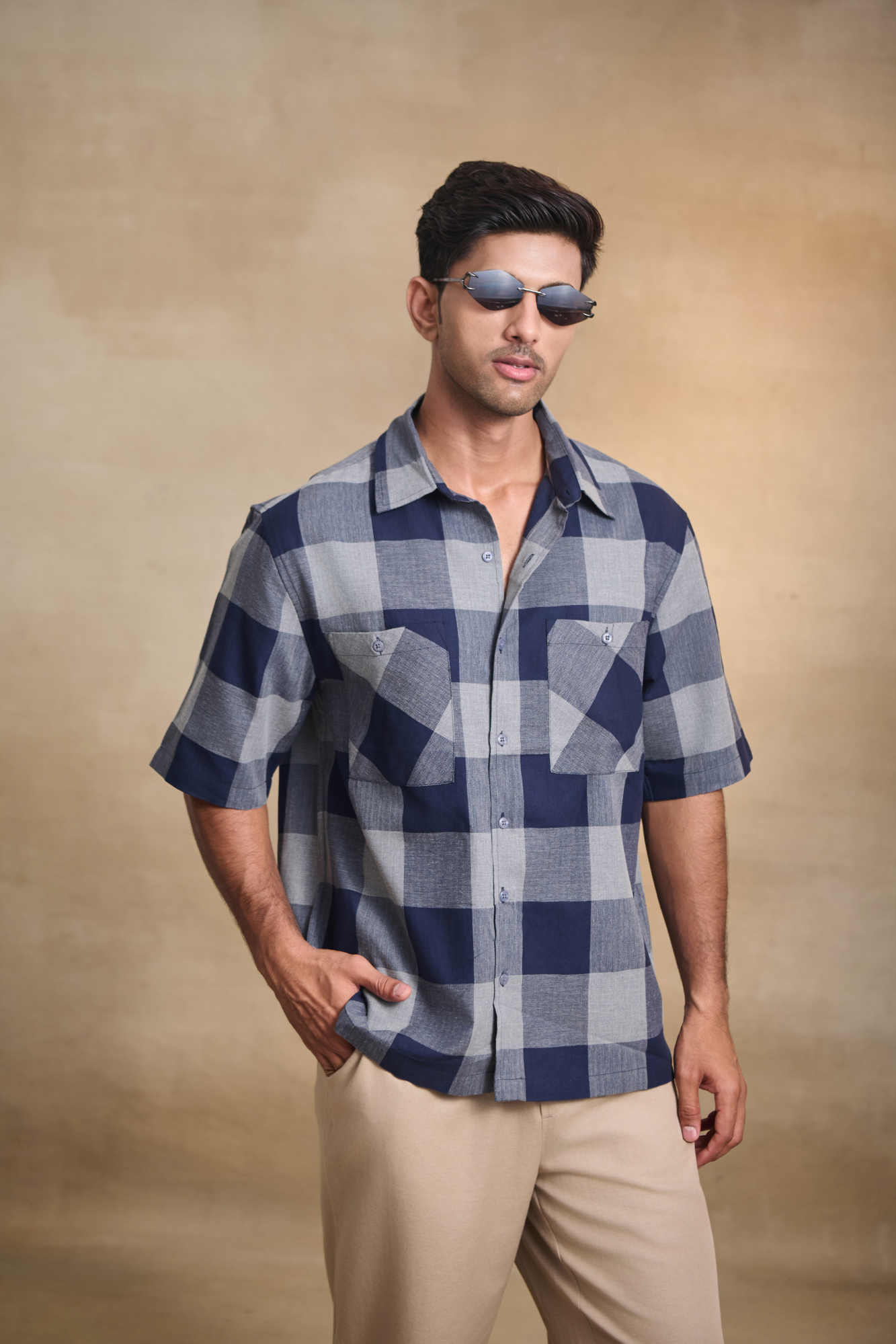 Half Sleeves Oversize Shirt with Double Patch Pocket - Blue