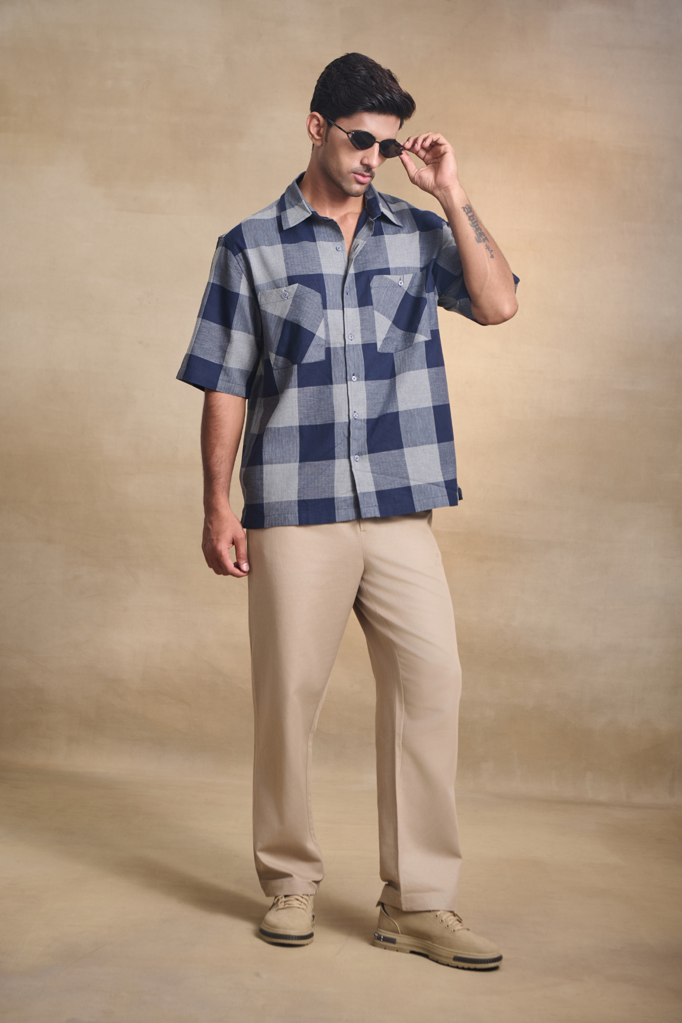 Half Sleeves Oversize Shirt with Double Patch Pocket - Blue