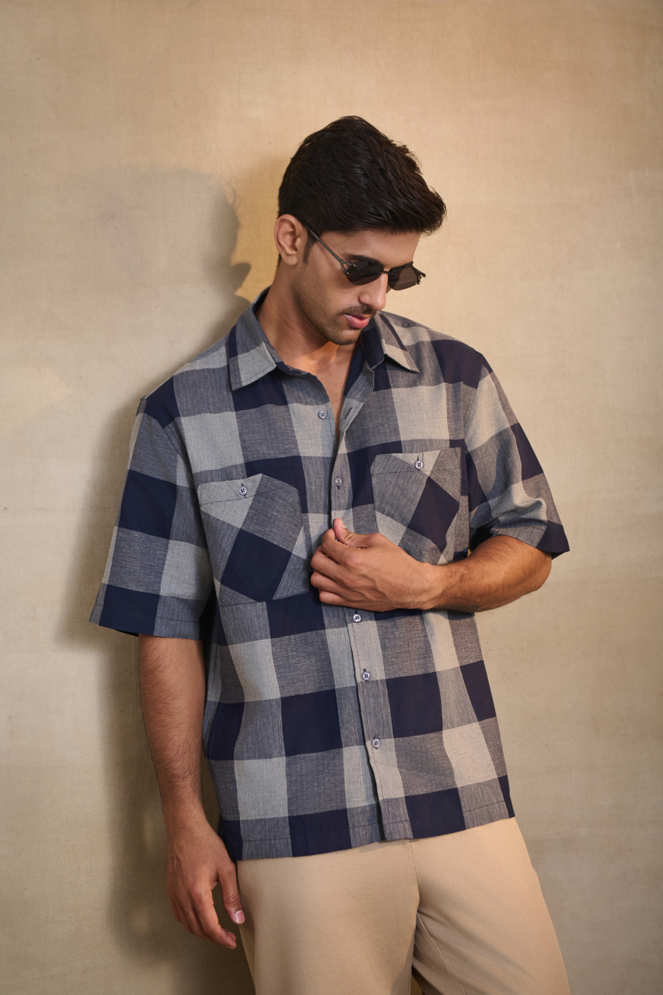 Half Sleeves Oversize Shirt with Double Patch Pocket - Blue