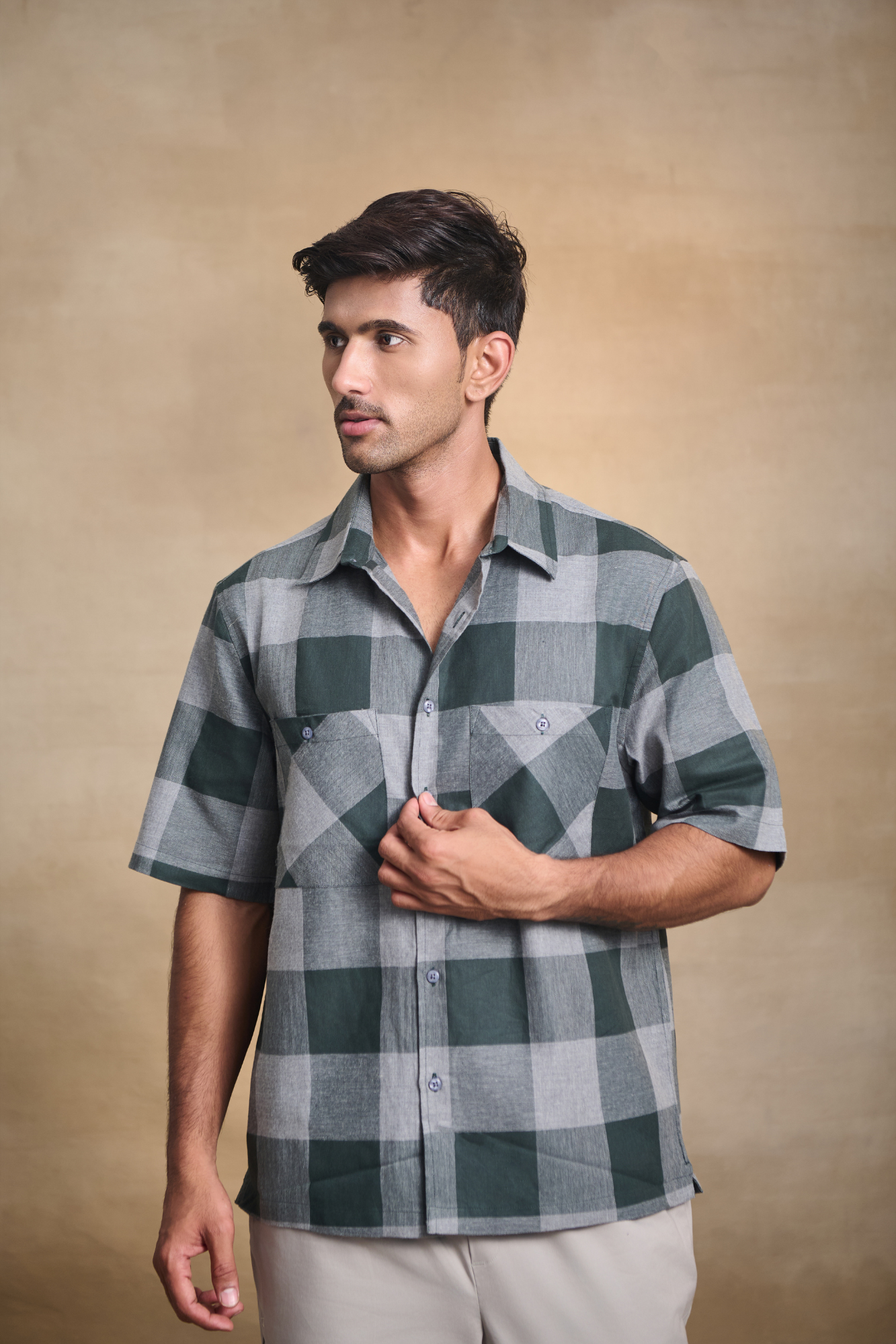 Half Sleeves Oversize Shirt with Double Patch Pocket - Green