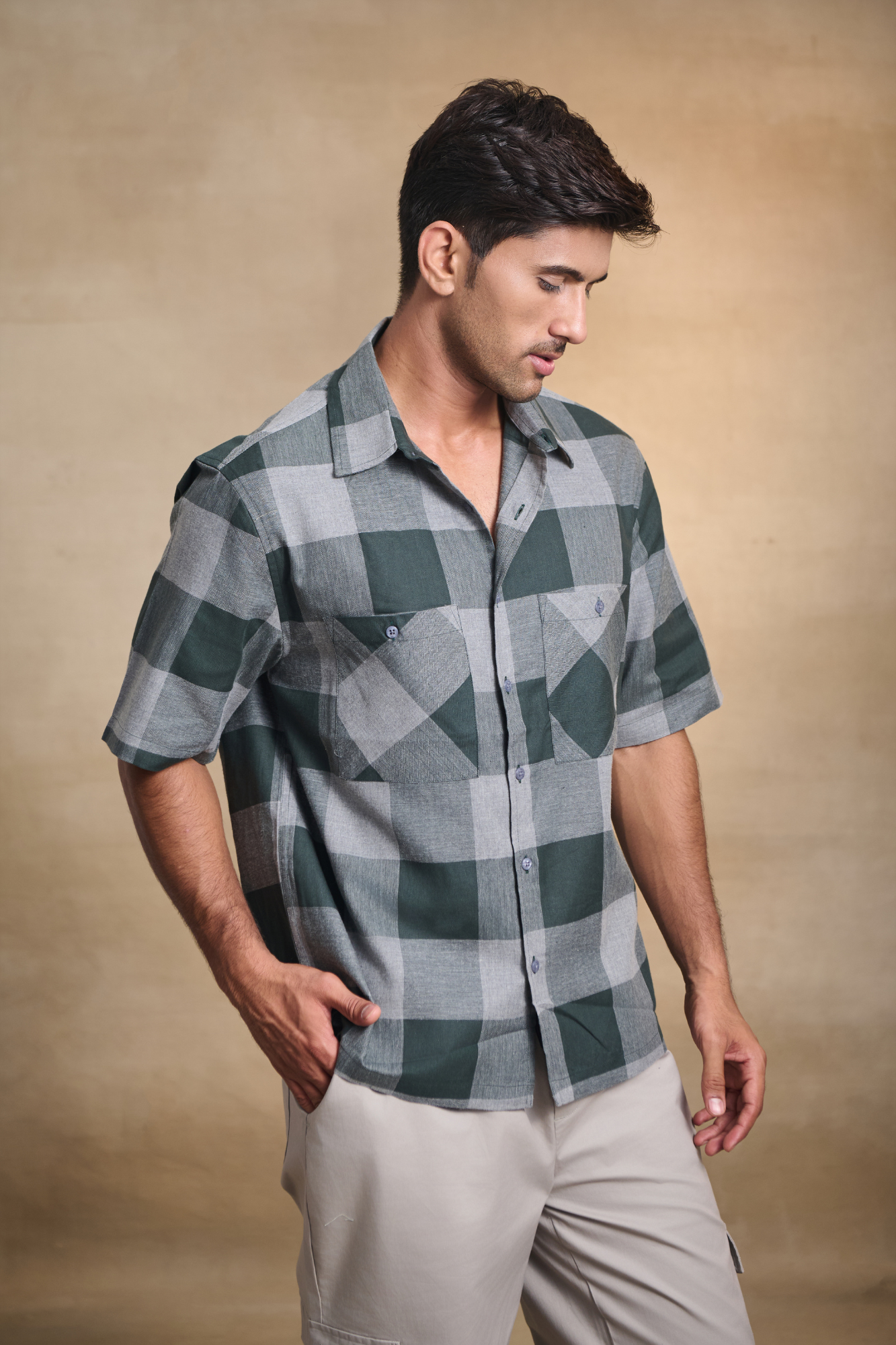 Half Sleeves Oversize Shirt with Double Patch Pocket - Green