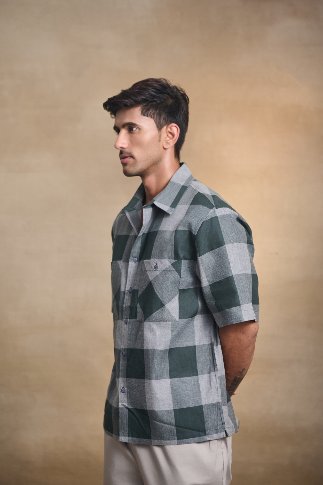 Half Sleeves Oversize Shirt with Double Patch Pocket - Green