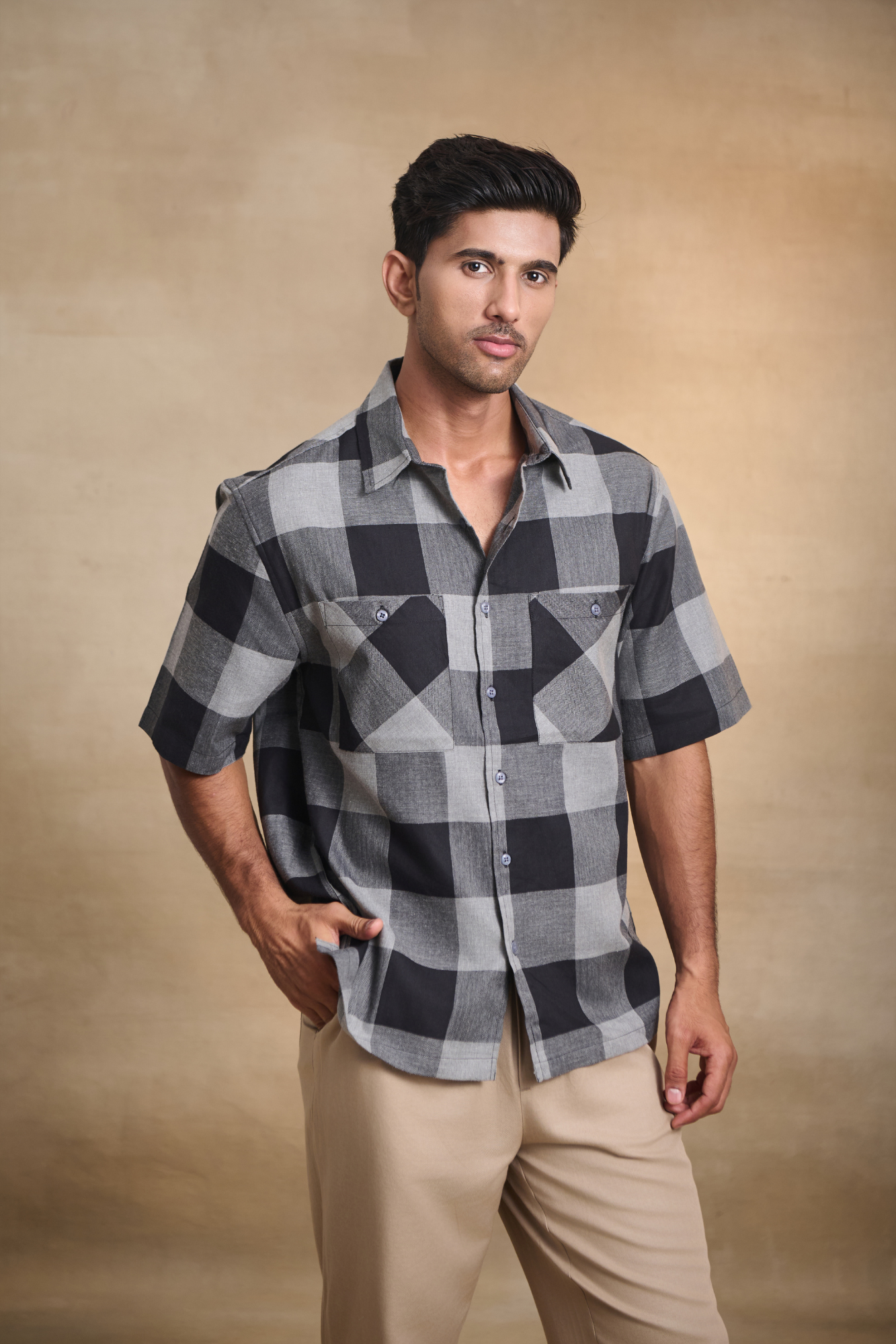 Half Sleeves Oversize Shirt with Double Patch Pocket - Black
