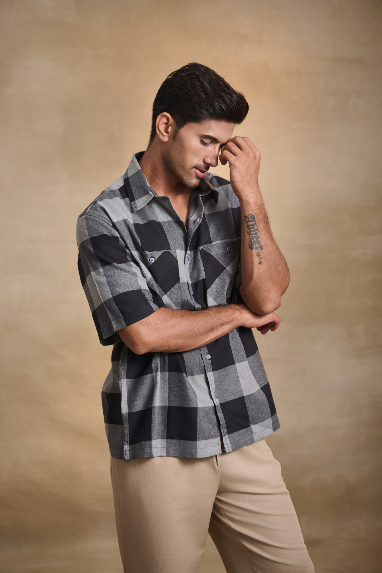 Half Sleeves Oversize Shirt with Double Patch Pocket - Black