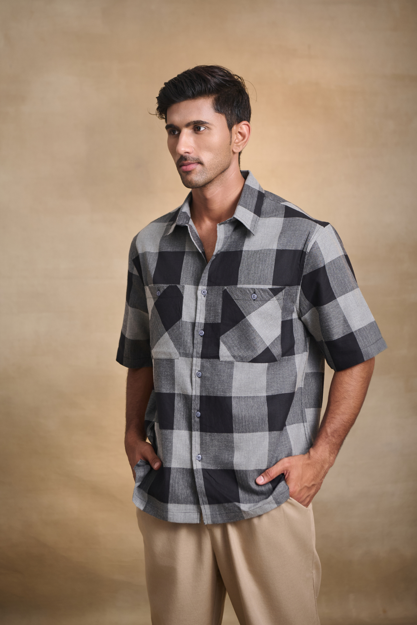 Half Sleeves Oversize Shirt with Double Patch Pocket - Black