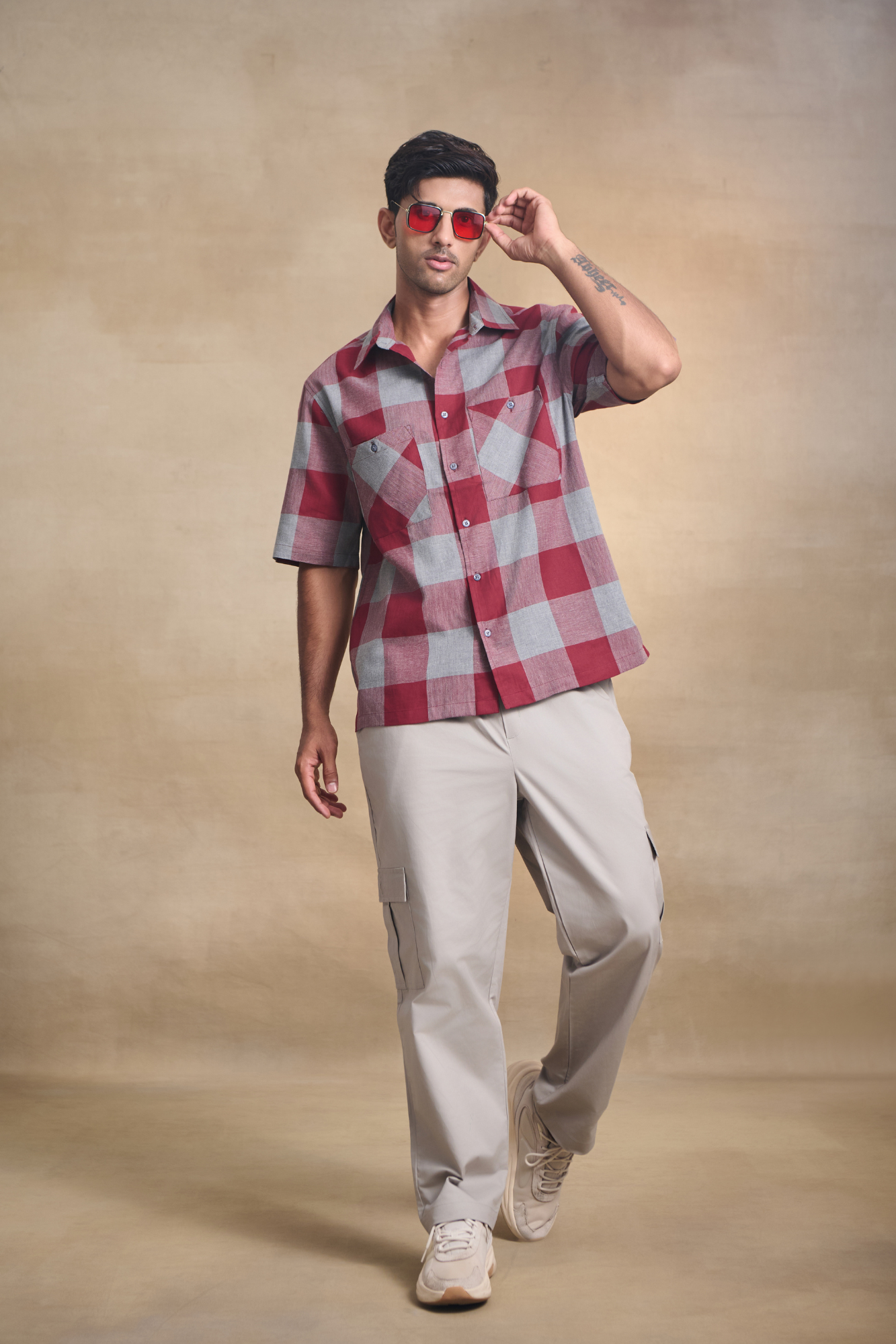 Half Sleeves Oversize Shirt with Double Patch Pocket - Red