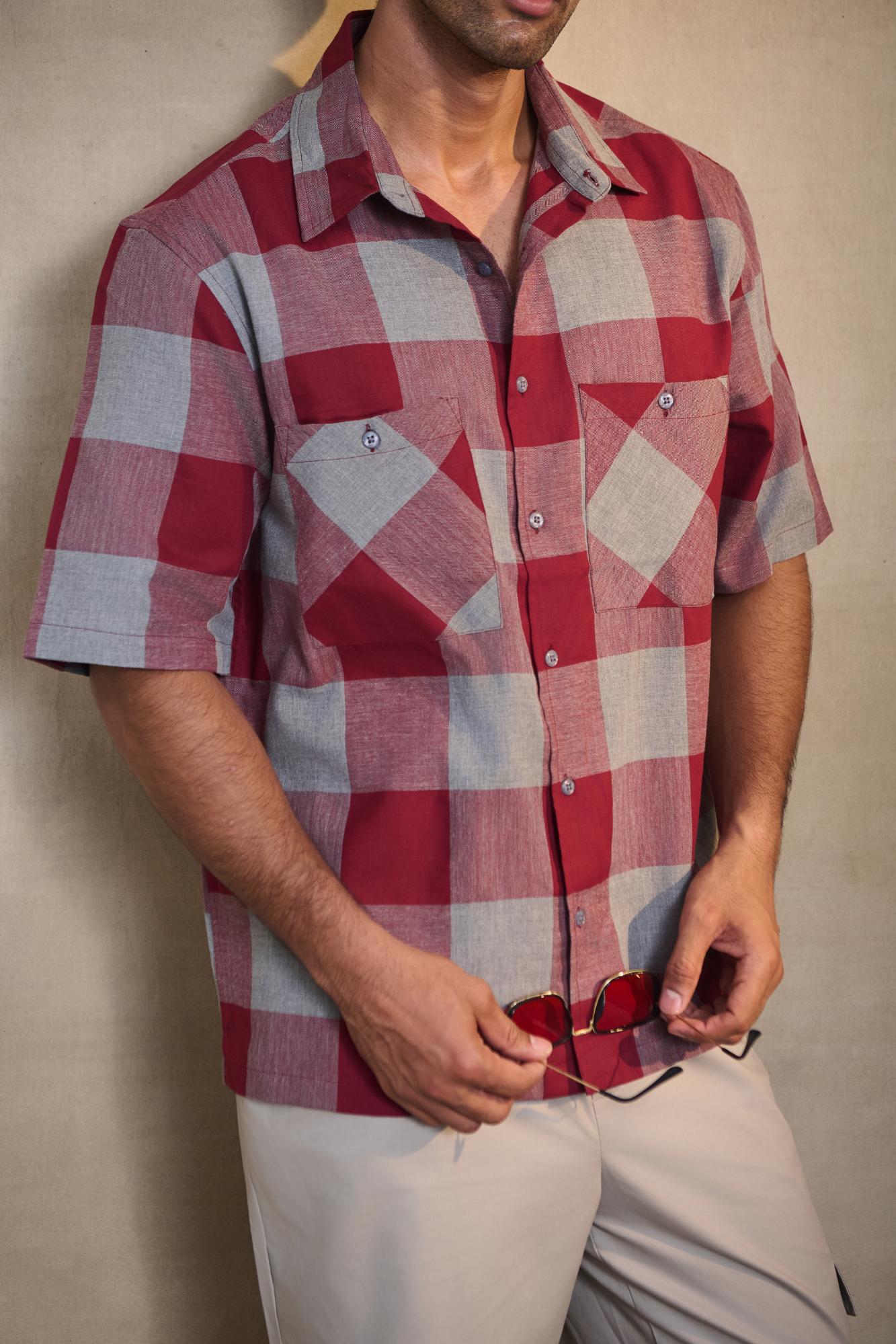 Half Sleeves Oversize Shirt with Double Patch Pocket - Red
