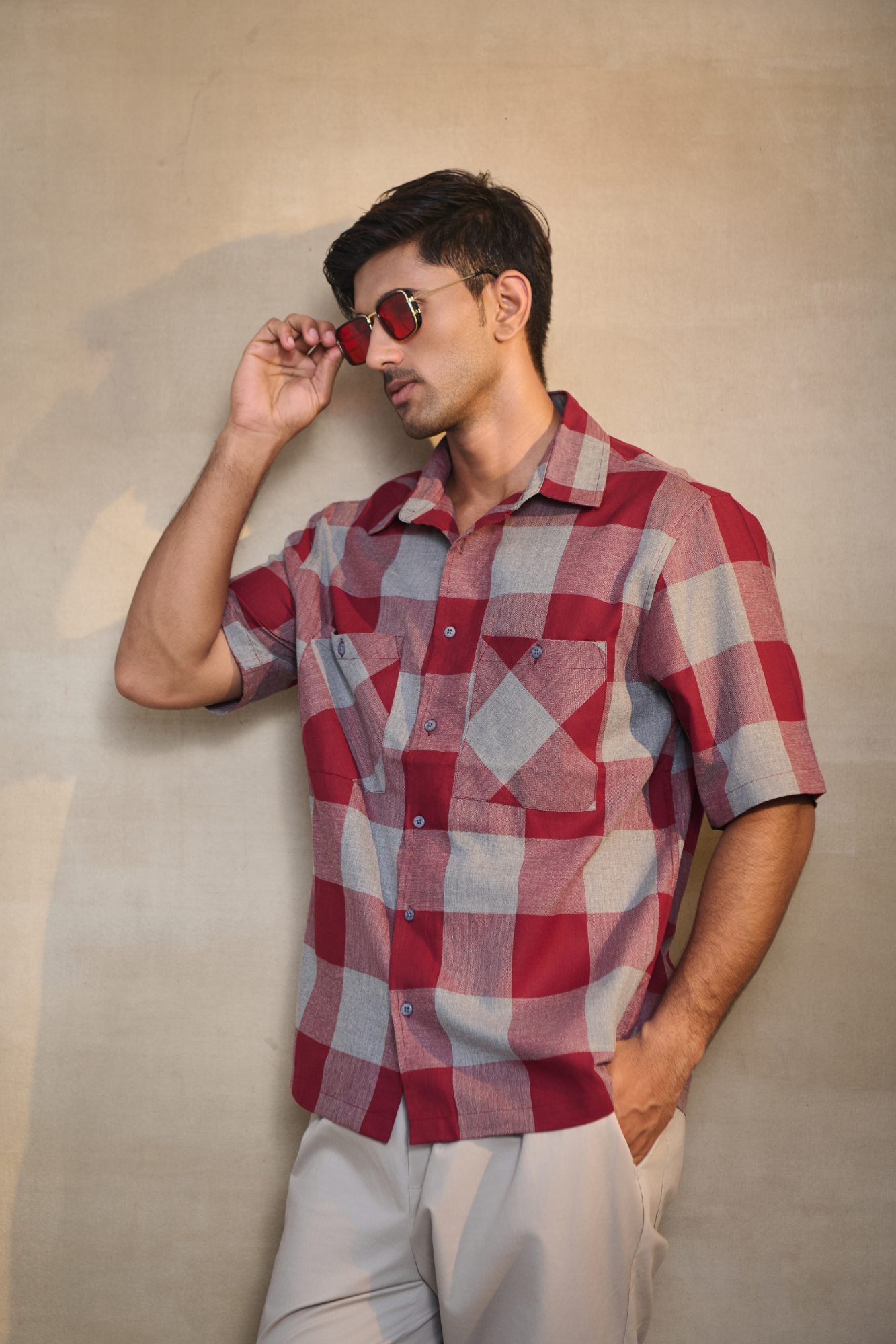 Half Sleeves Oversize Shirt with Double Patch Pocket - Red