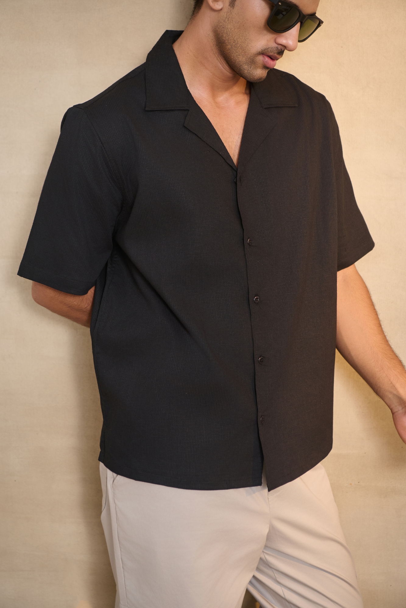 Cuban Collar Oversize Half Sleeves Shirt - Black
