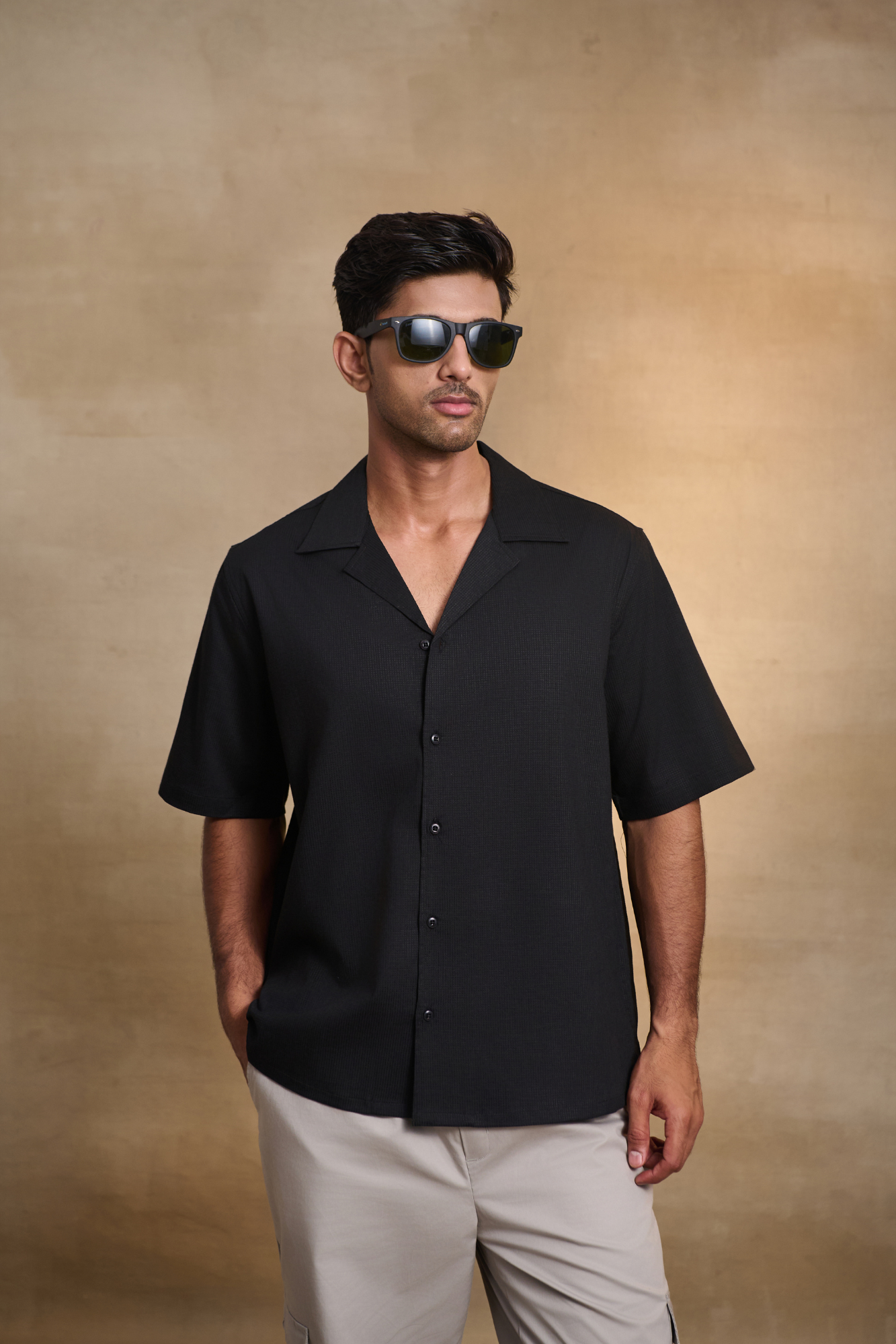 Cuban Collar Oversize Half Sleeves Shirt - Black