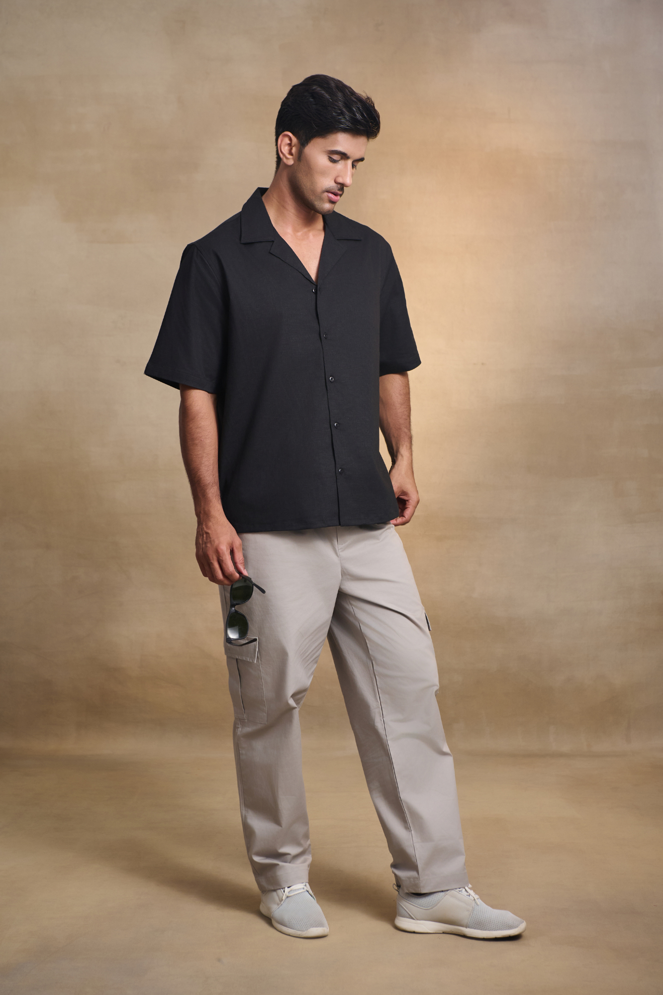 Cuban Collar Oversize Half Sleeves Shirt - Black