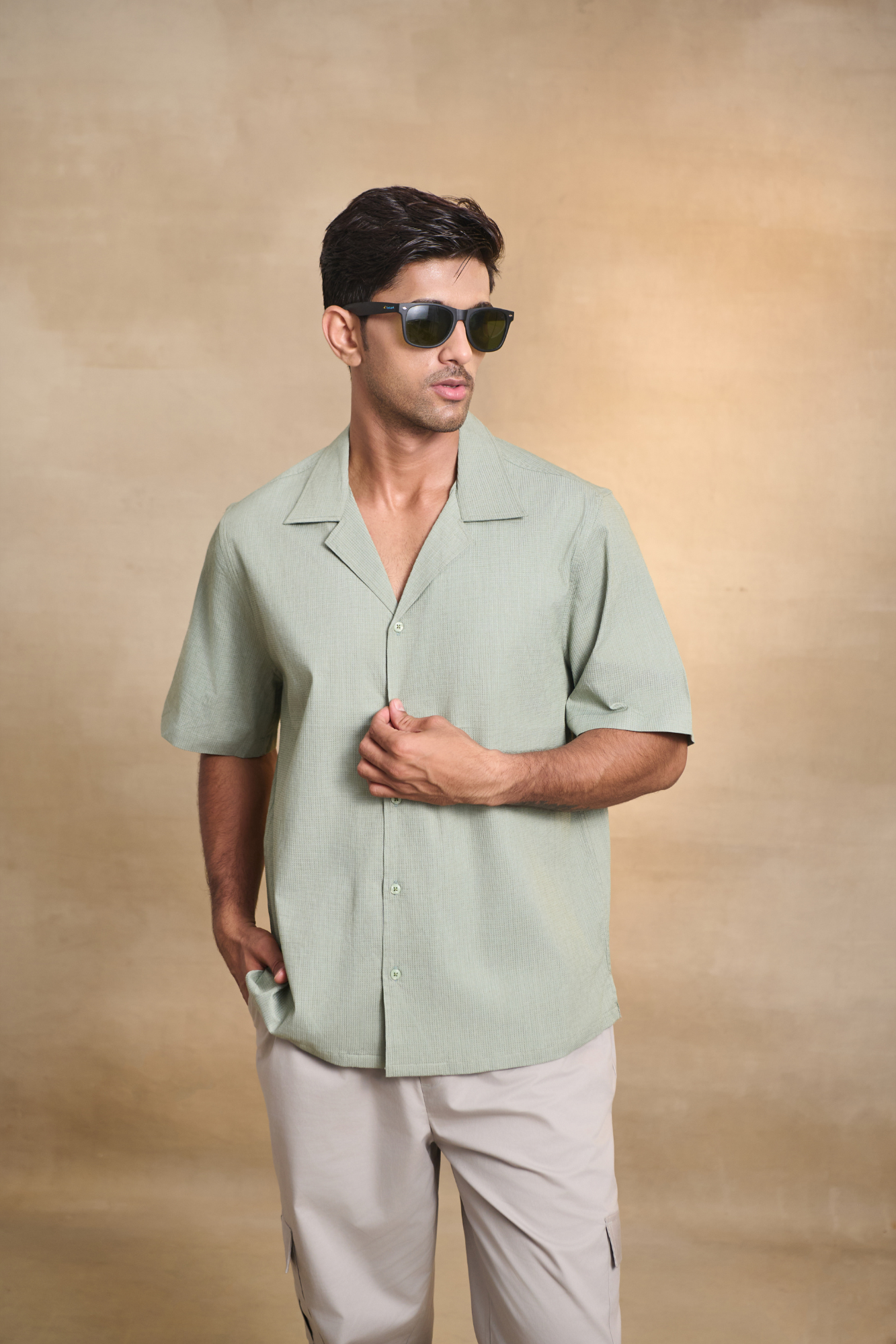 Cuban Collar Oversize Half Sleeves Shirt - Green