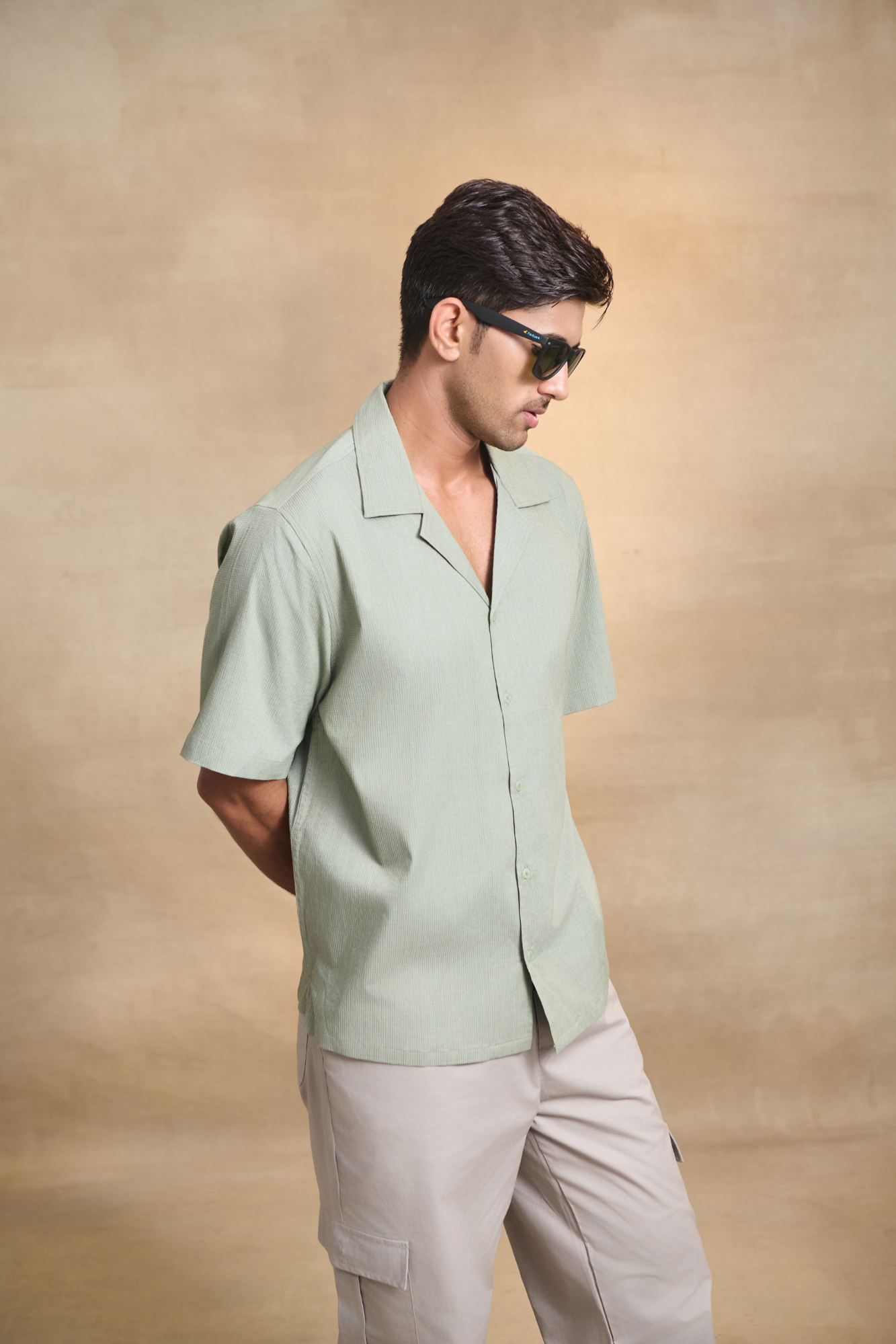 Cuban Collar Oversize Half Sleeves Shirt - Green