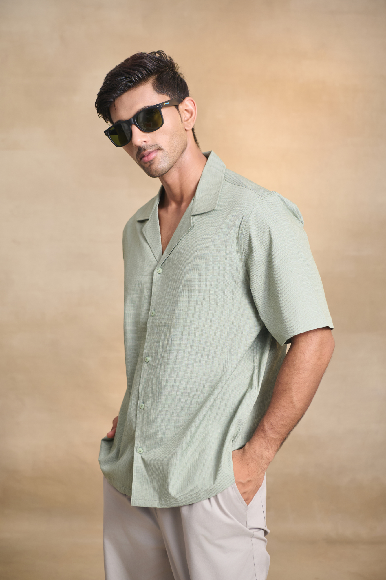 Cuban Collar Oversize Half Sleeves Shirt - Green