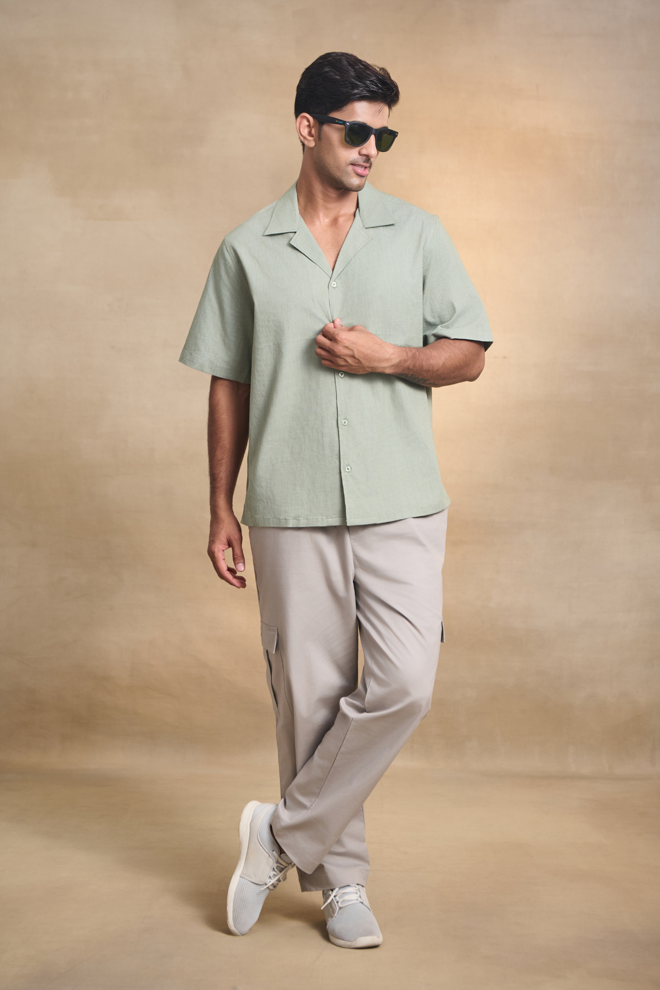 Cuban Collar Oversize Half Sleeves Shirt - Green