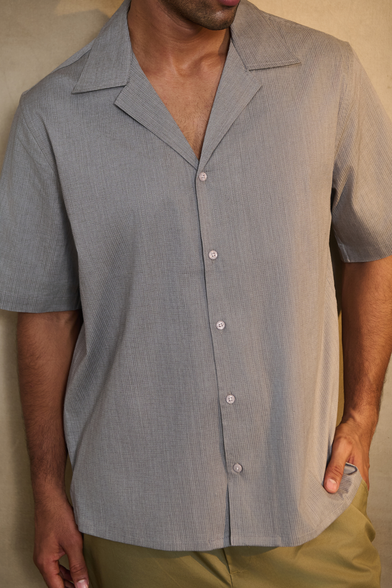 Cuban Collar Oversize Half Sleeves Shirt - Grey