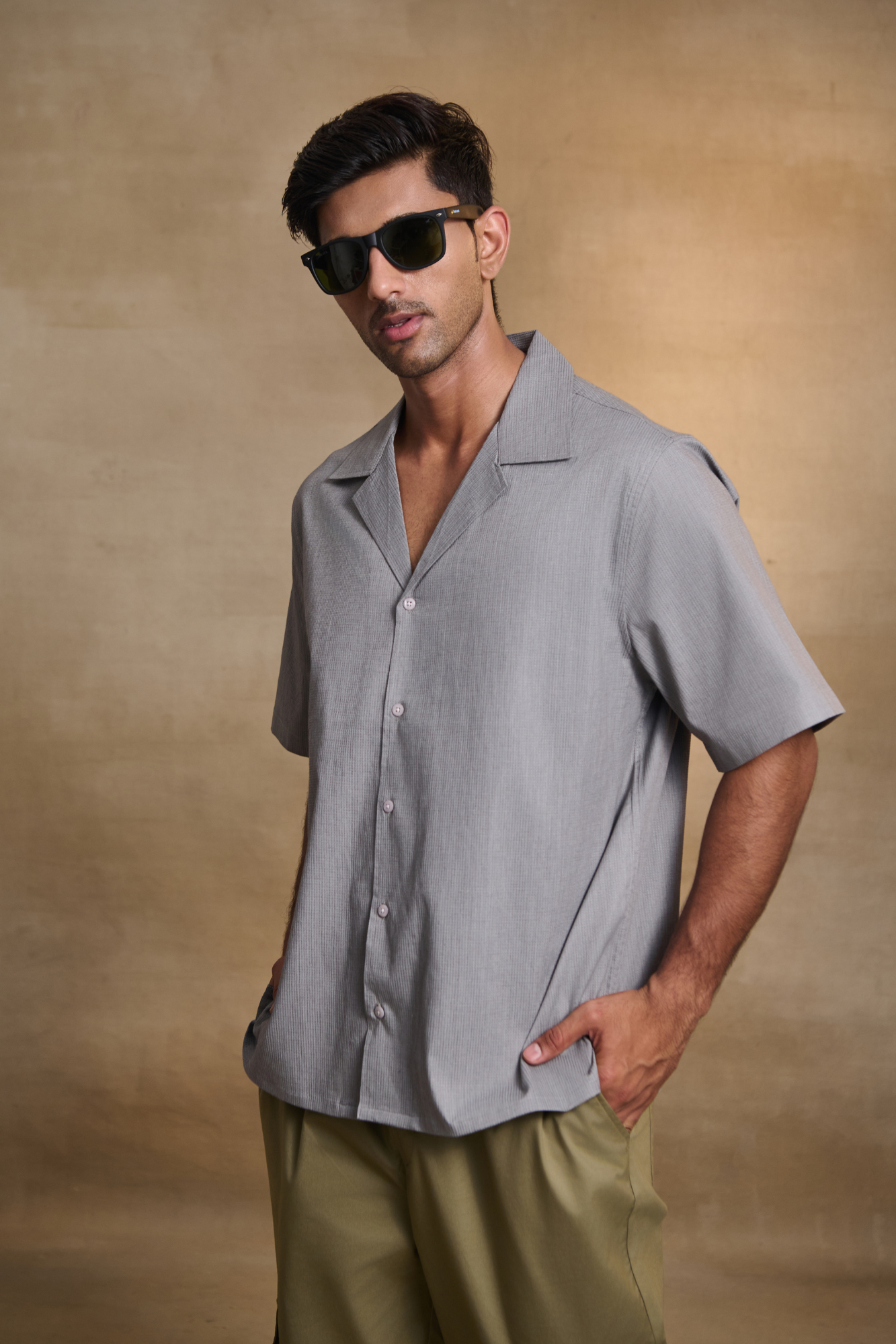 Cuban Collar Oversize Half Sleeves Shirt - Grey