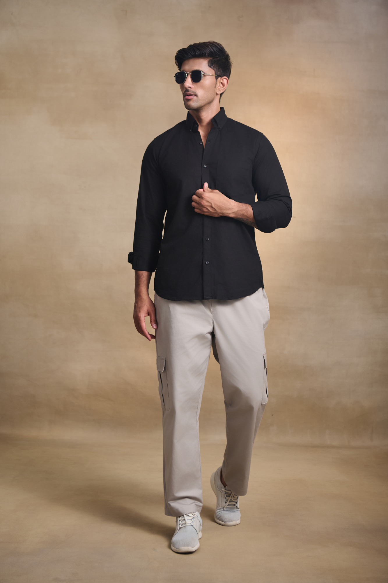 Premium dobby Lycra Button Down Shirt - Black