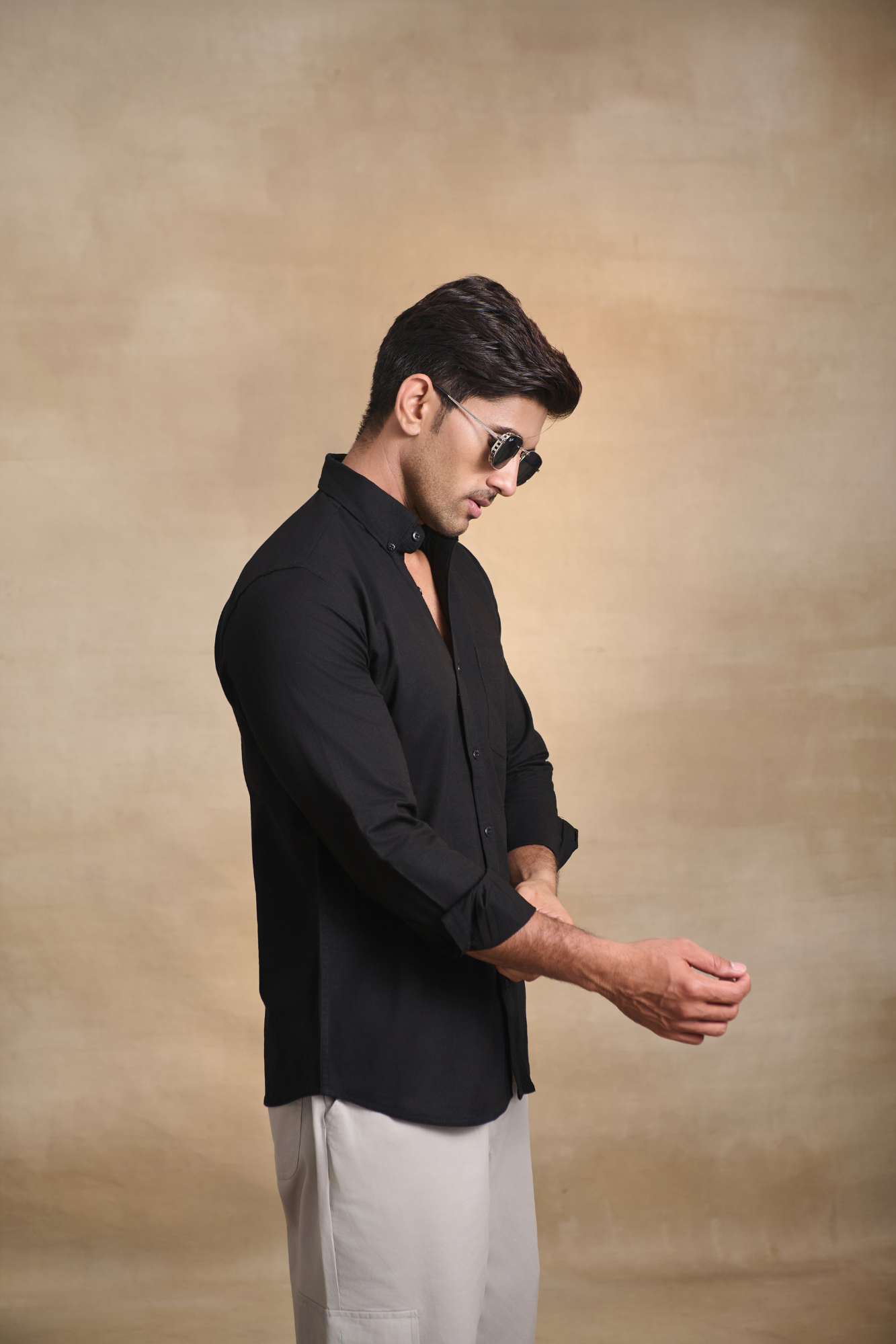 Premium dobby Lycra Button Down Shirt - Black