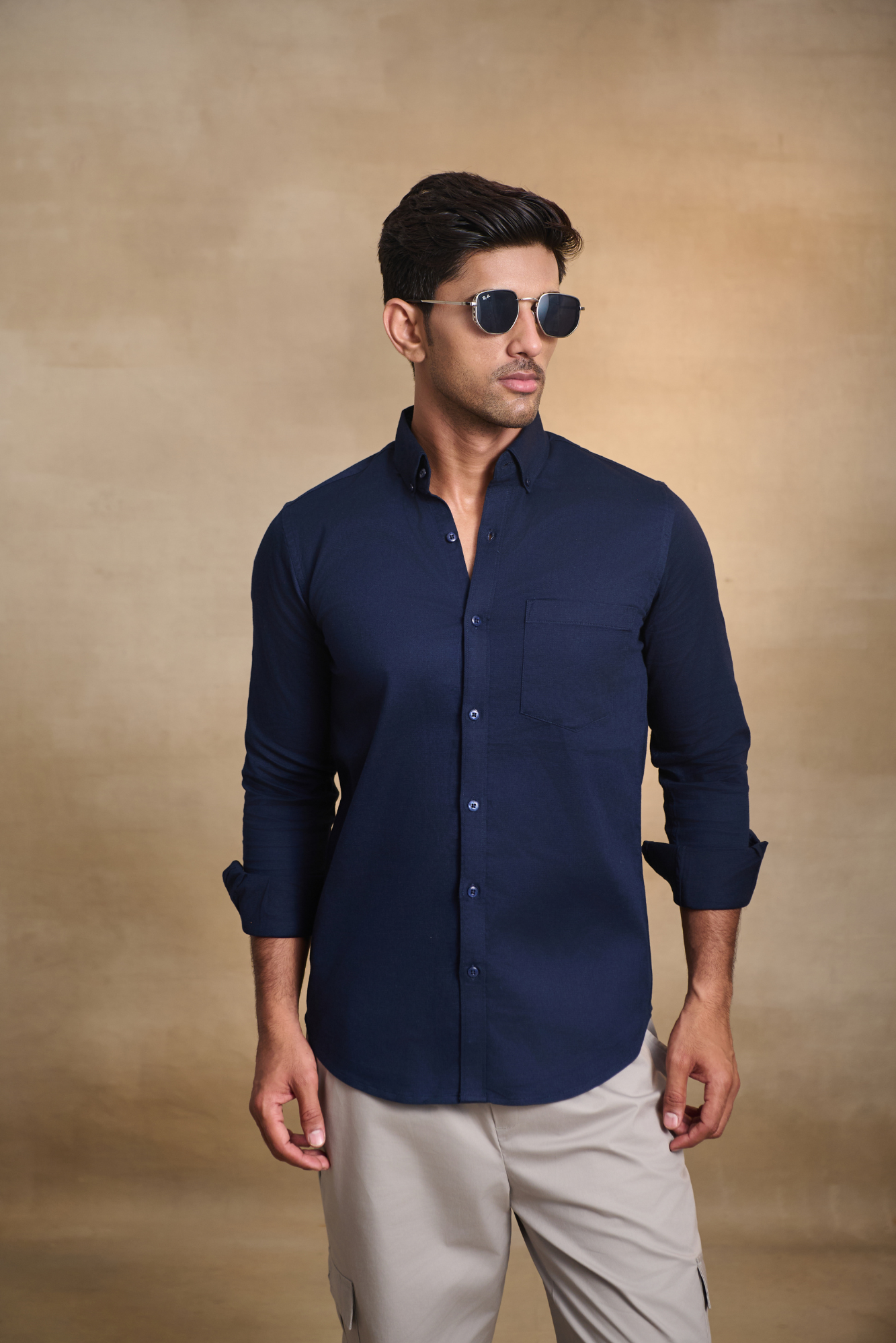 Premium dobby Lycra Button Down Shirt - Navy Blue