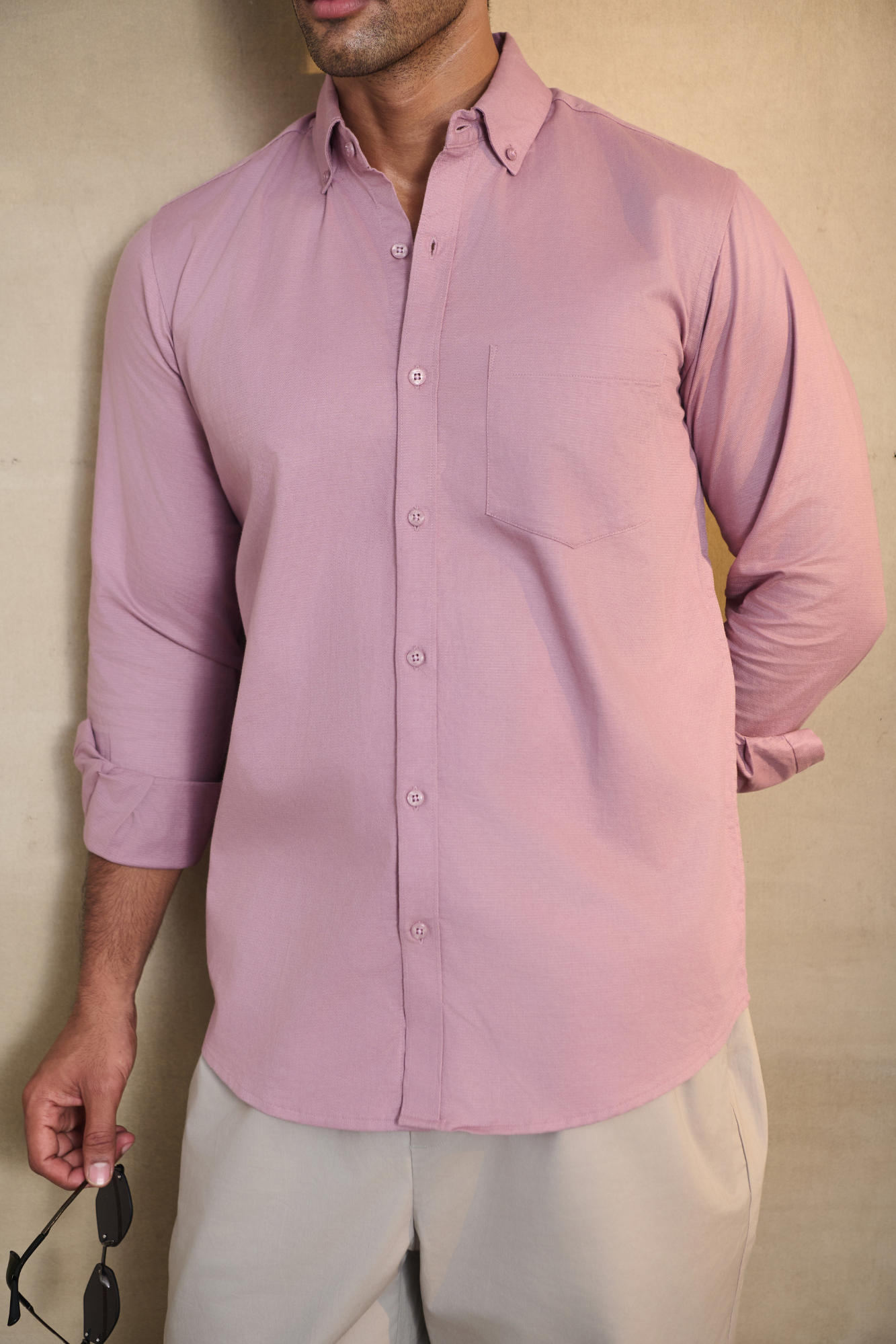 Premium dobby Lycra Button Down Shirt - Pink