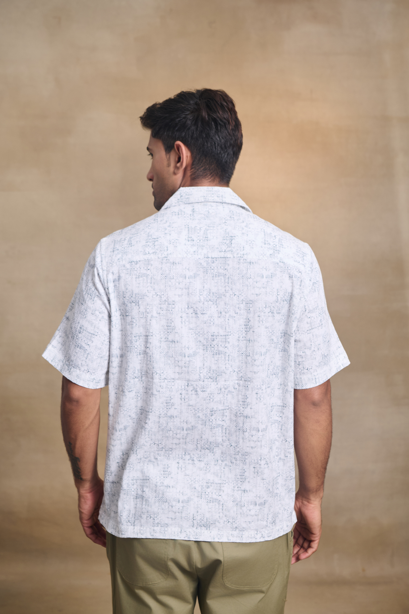 Half Sleeves Printed Cuban Collar Oversize Shirt - White