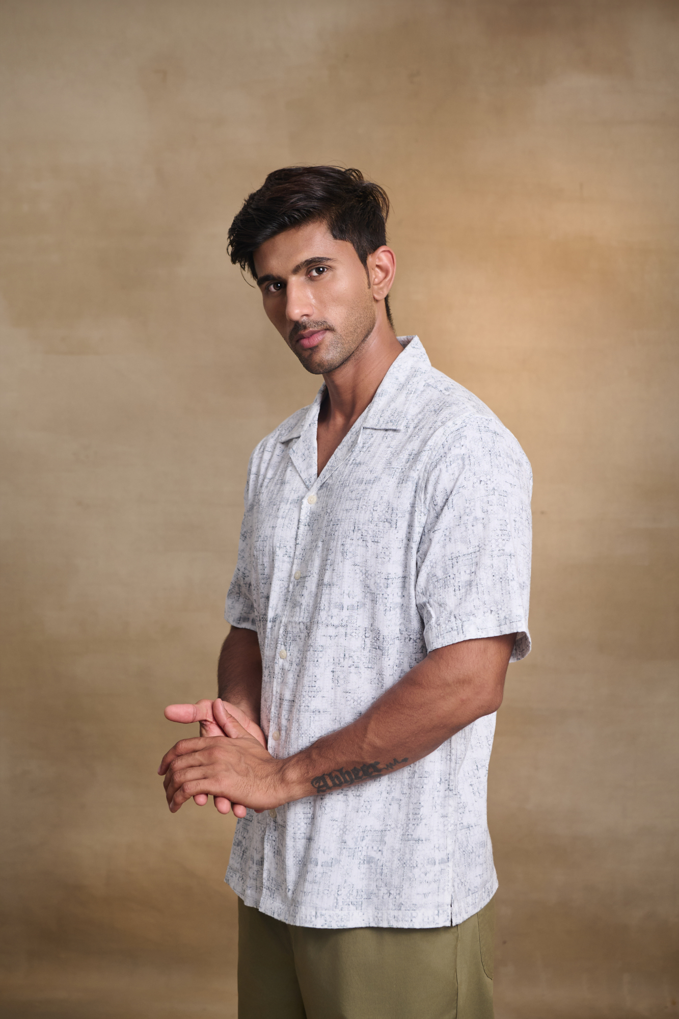 Half Sleeves Printed Cuban Collar Oversize Shirt - White