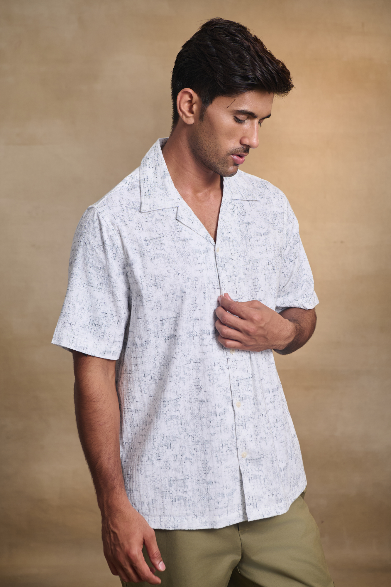 Half Sleeves Printed Cuban Collar Oversize Shirt - White
