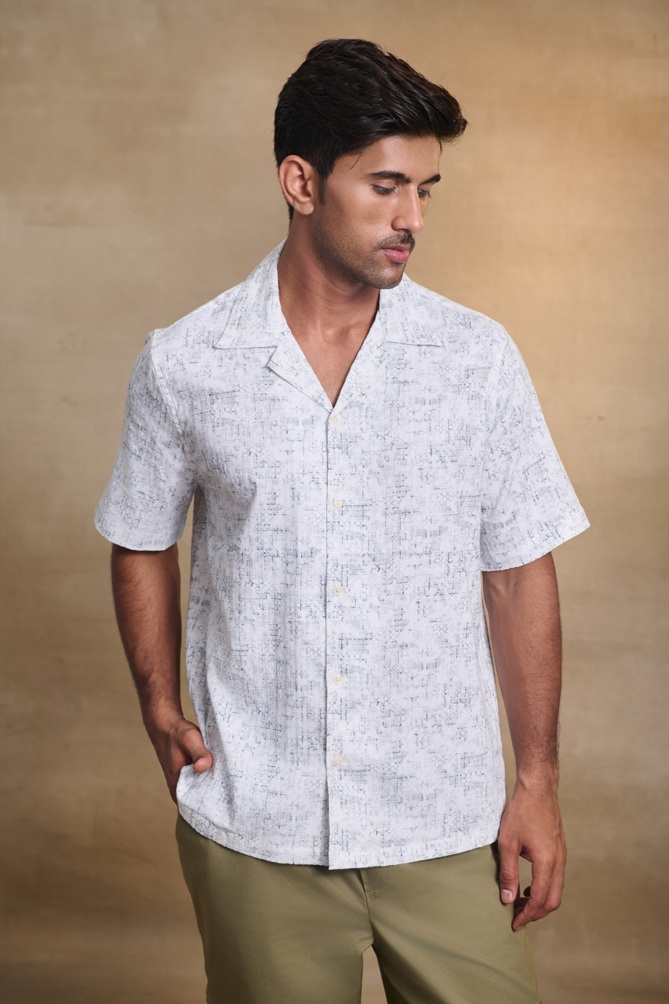Half Sleeves Printed Cuban Collar Oversize Shirt - White