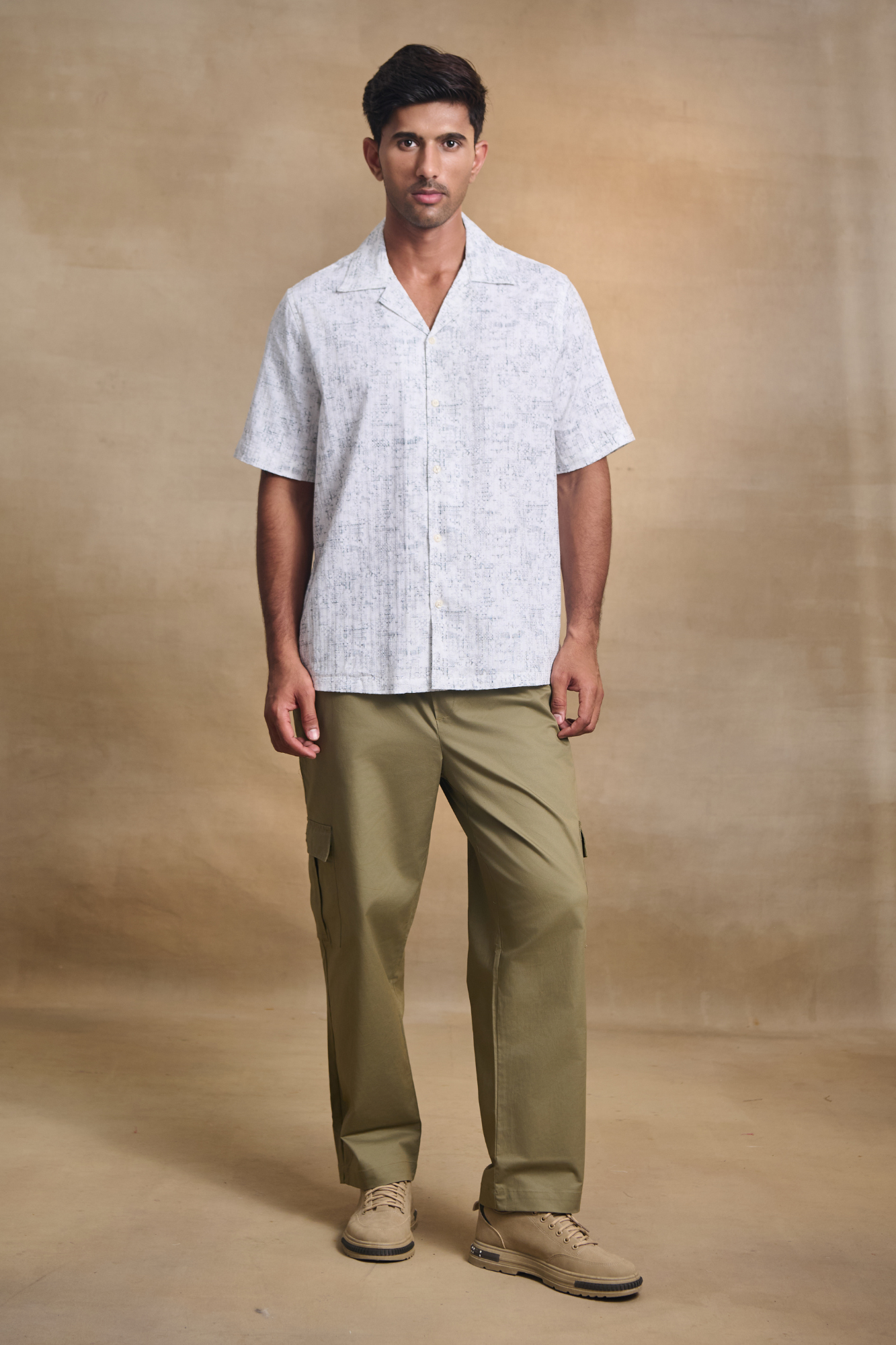 Half Sleeves Printed Cuban Collar Oversize Shirt - White