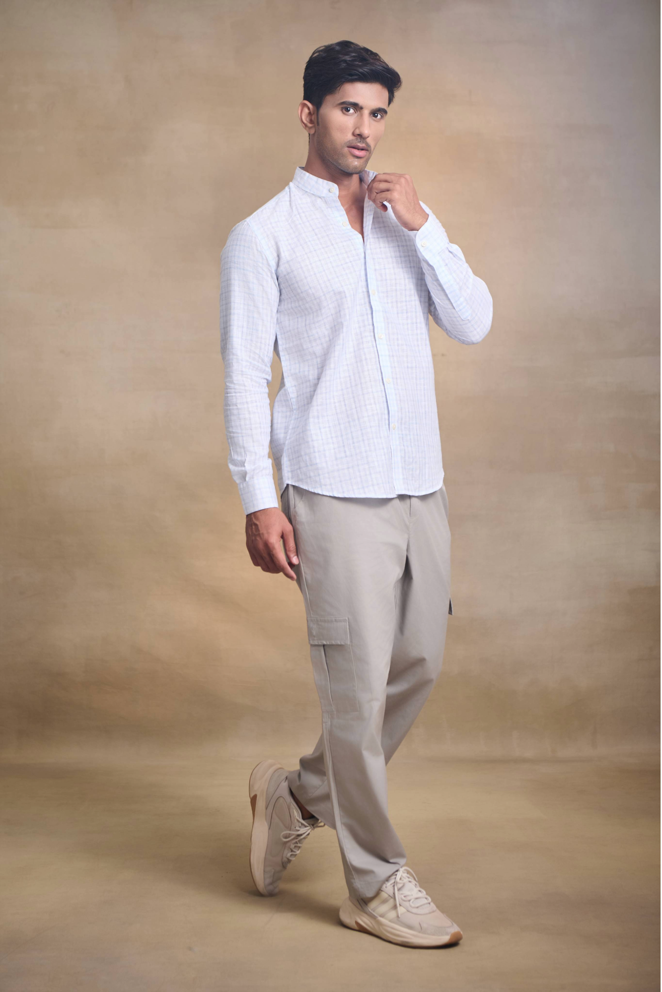 Light Check Linen Blend Chines Collar Full Sleeves Shirt - Blue