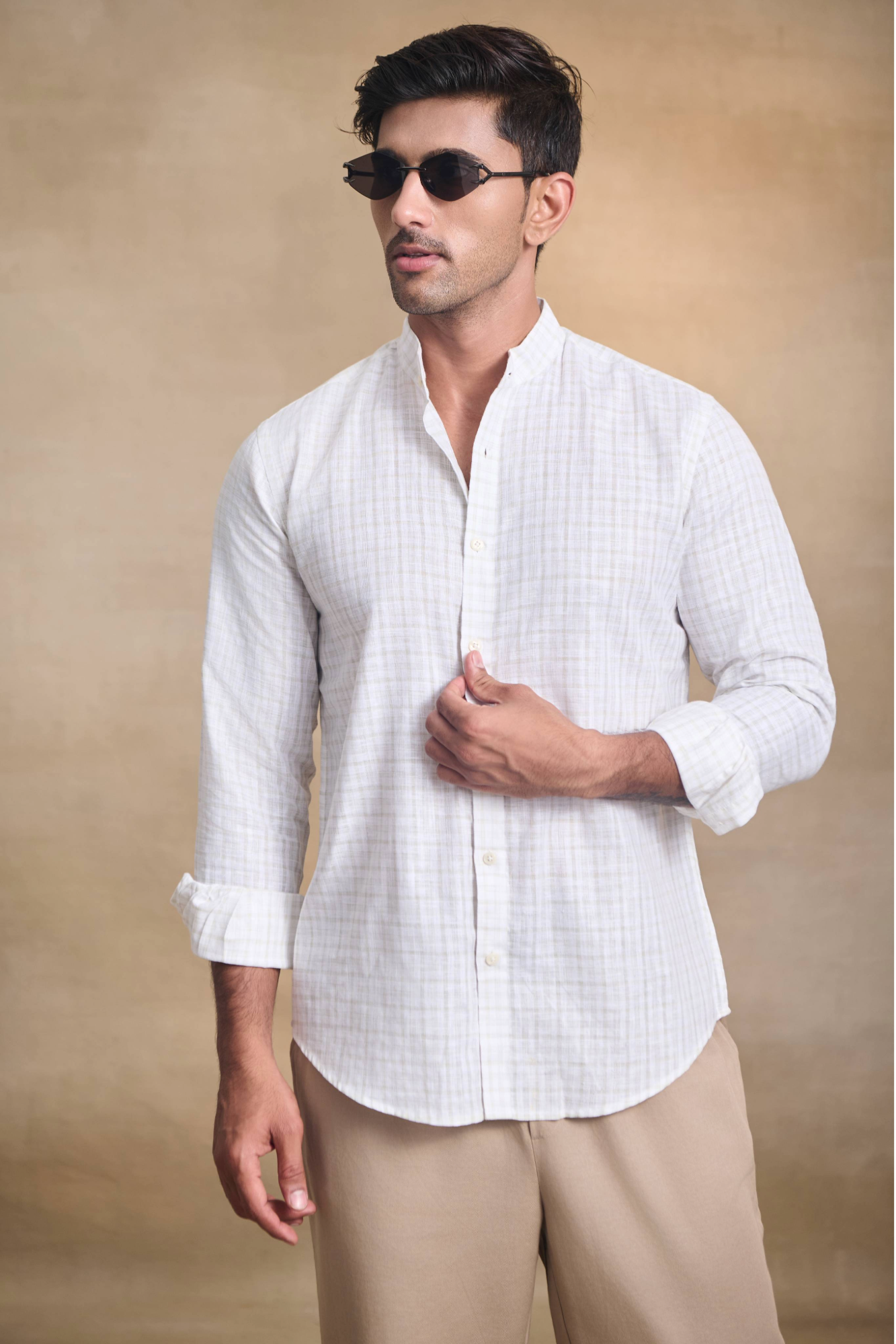 Light Check Linen Blend Chines Collar Full Sleeves Shirt - Brown