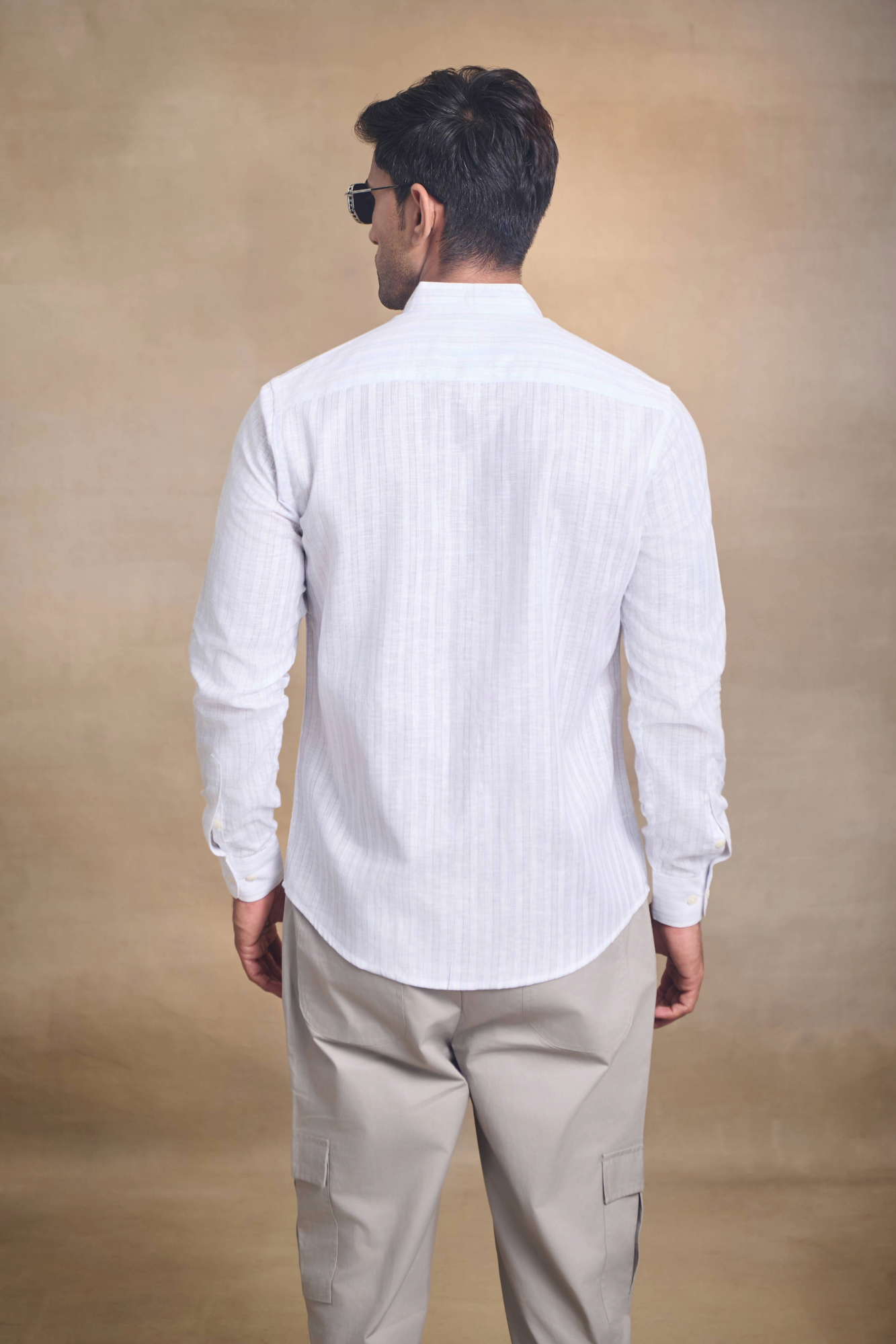 Light Stripe Linen Blend Chines Collar Full Sleeves Shirt - Blue