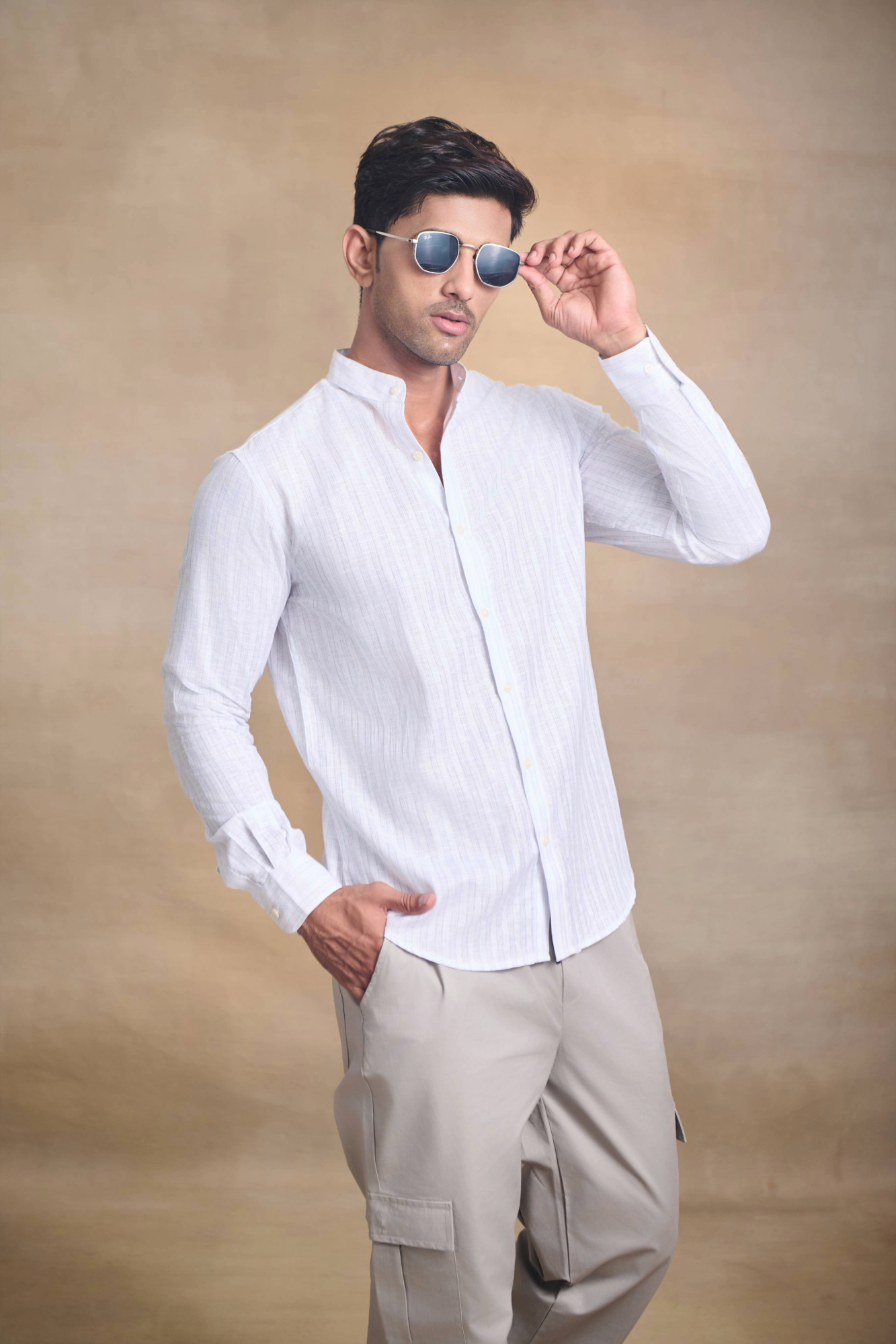 Light Stripe Linen Blend Chines Collar Full Sleeves Shirt - Blue