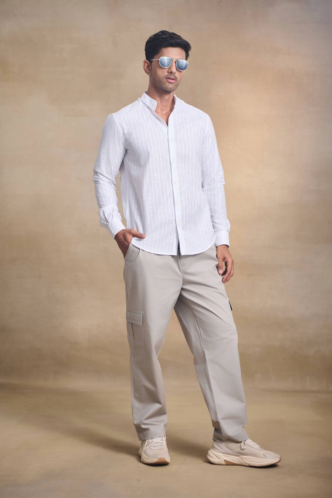 Light Stripe Linen Blend Chines Collar Full Sleeves Shirt - Blue