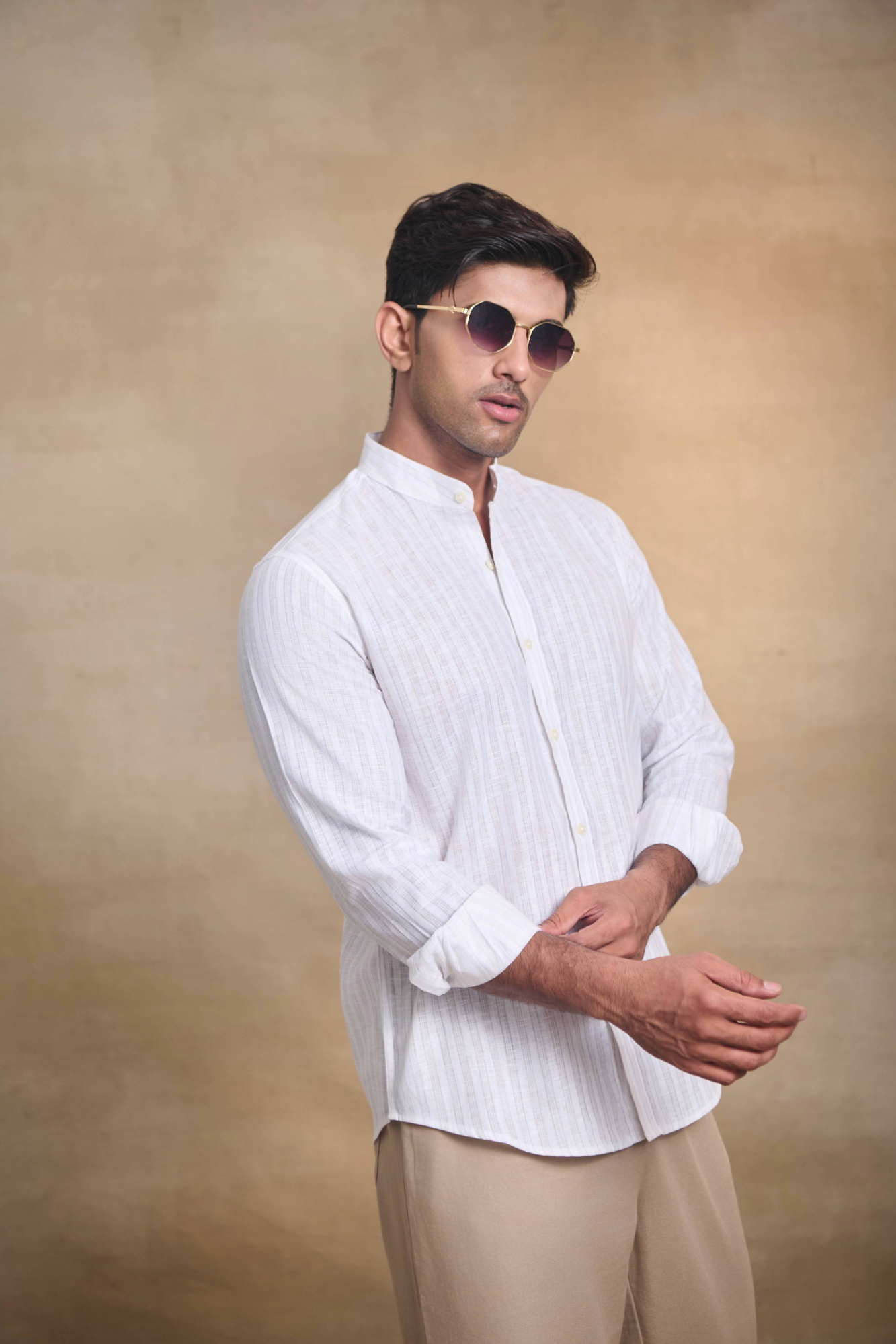 Light Stripe Linen Blend Chines Collar Full Sleeves Shirt - Brown