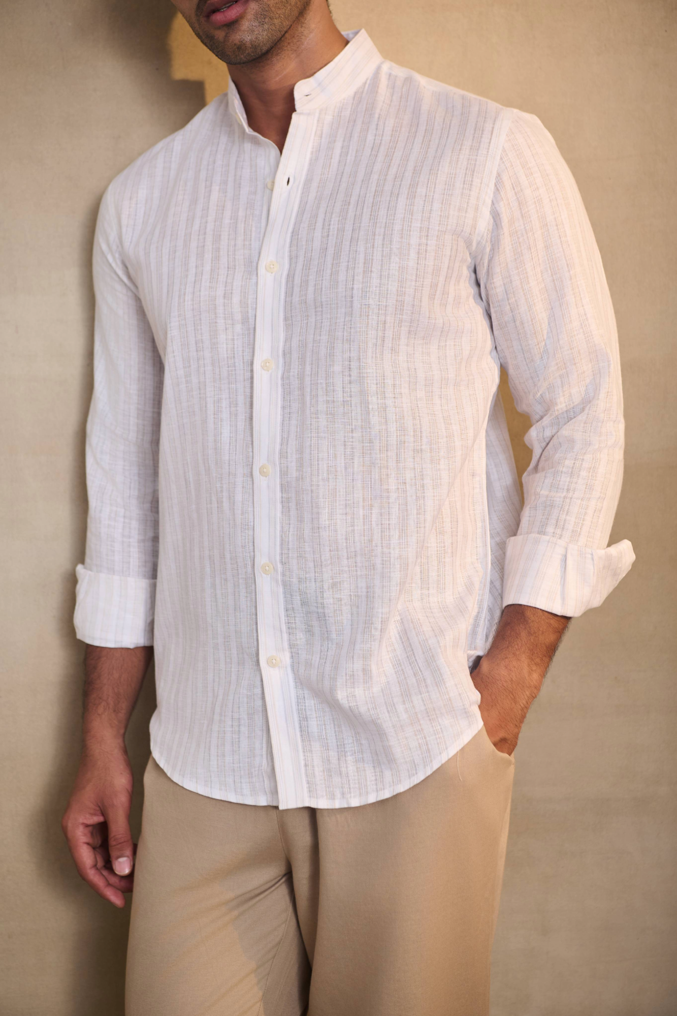 Light Stripe Linen Blend Chines Collar Full Sleeves Shirt - Brown