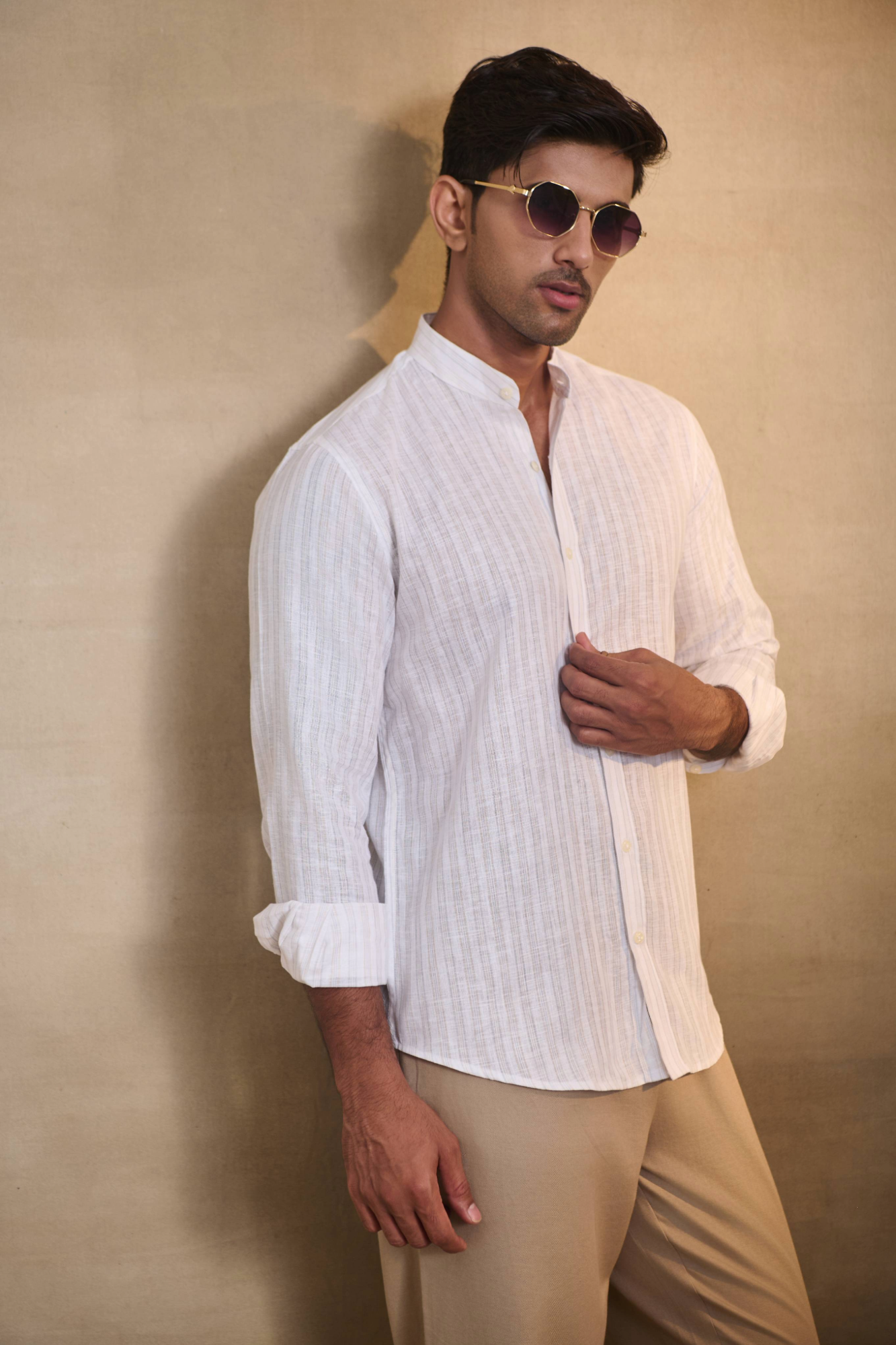 Light Stripe Linen Blend Chines Collar Full Sleeves Shirt - Brown