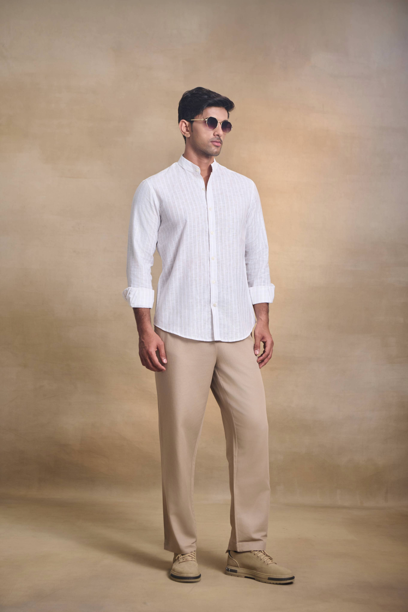 Light Stripe Linen Blend Chines Collar Full Sleeves Shirt - Brown