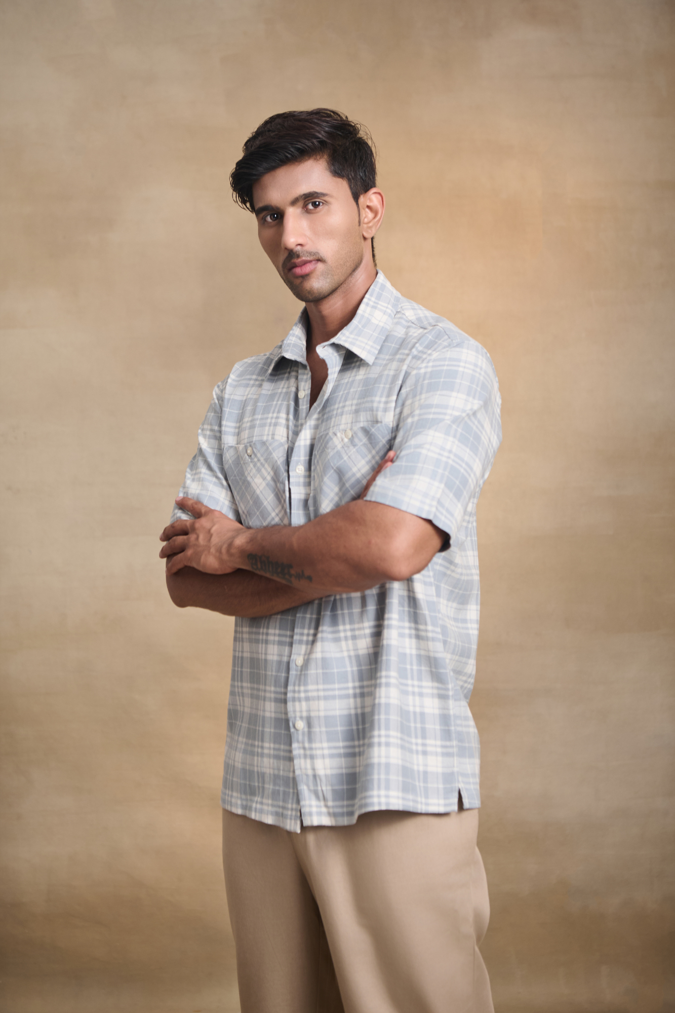 Cotton Linen Blend Half Sleeves Oversize Shirt - Blue
