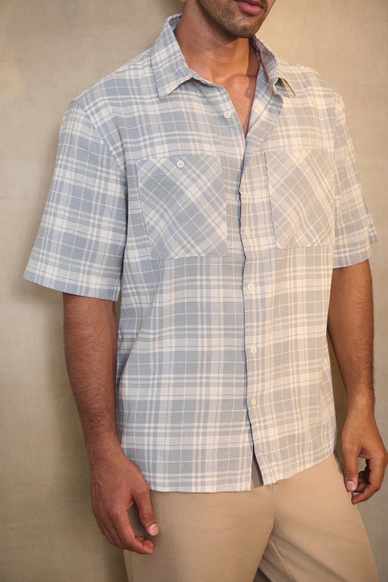 Cotton Linen Blend Half Sleeves Oversize Shirt - Blue