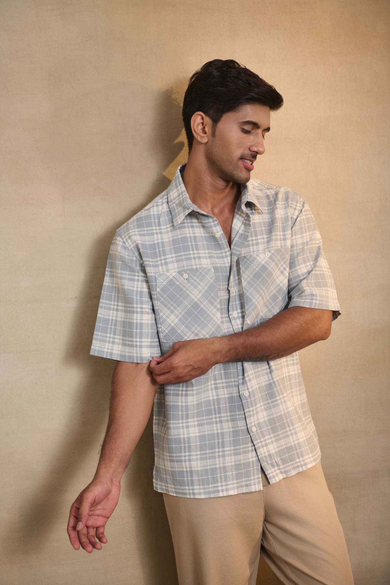 Cotton Linen Blend Half Sleeves Oversize Shirt - Blue