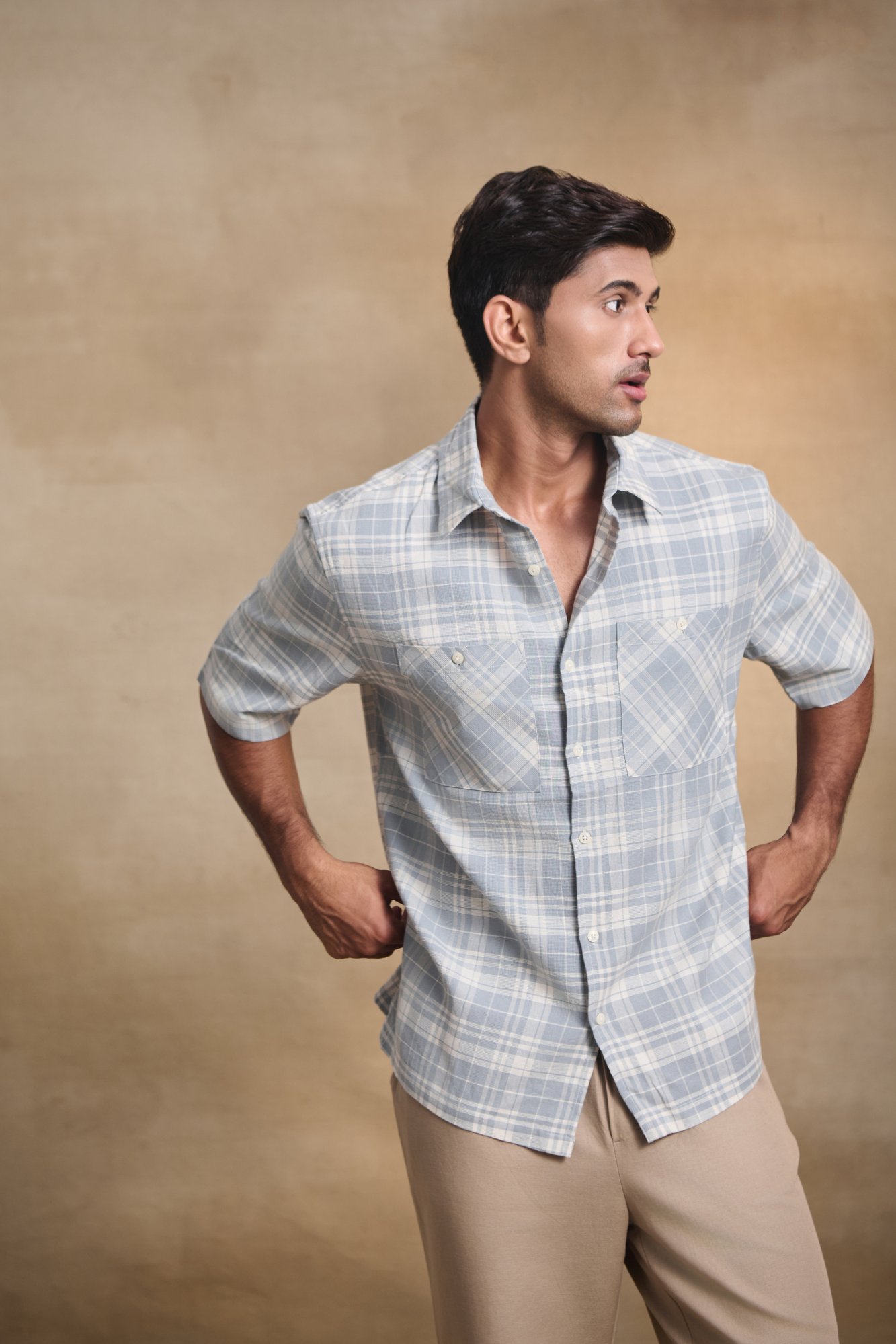 Cotton Linen Blend Half Sleeves Oversize Shirt - Blue