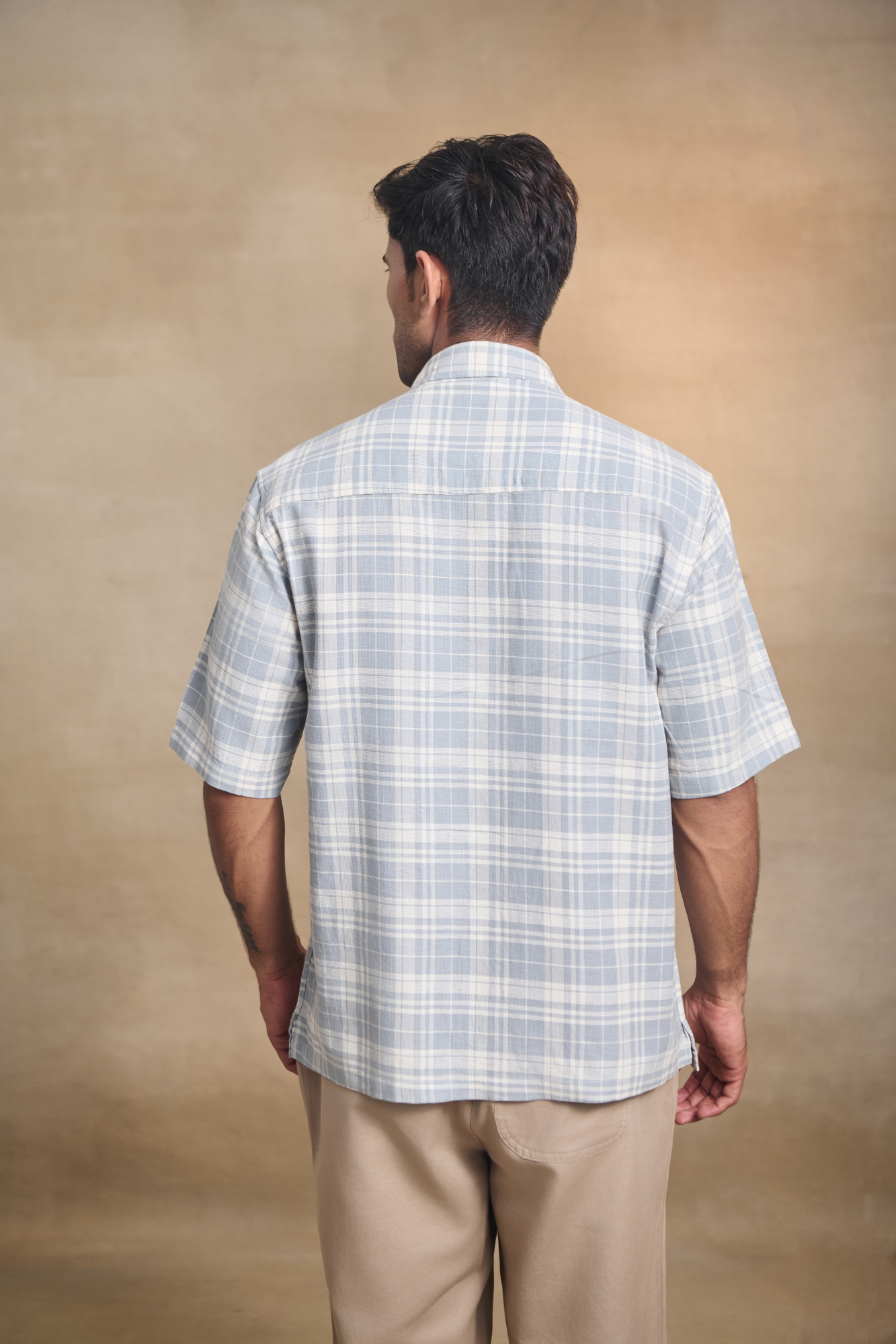 Cotton Linen Blend Half Sleeves Oversize Shirt - Blue
