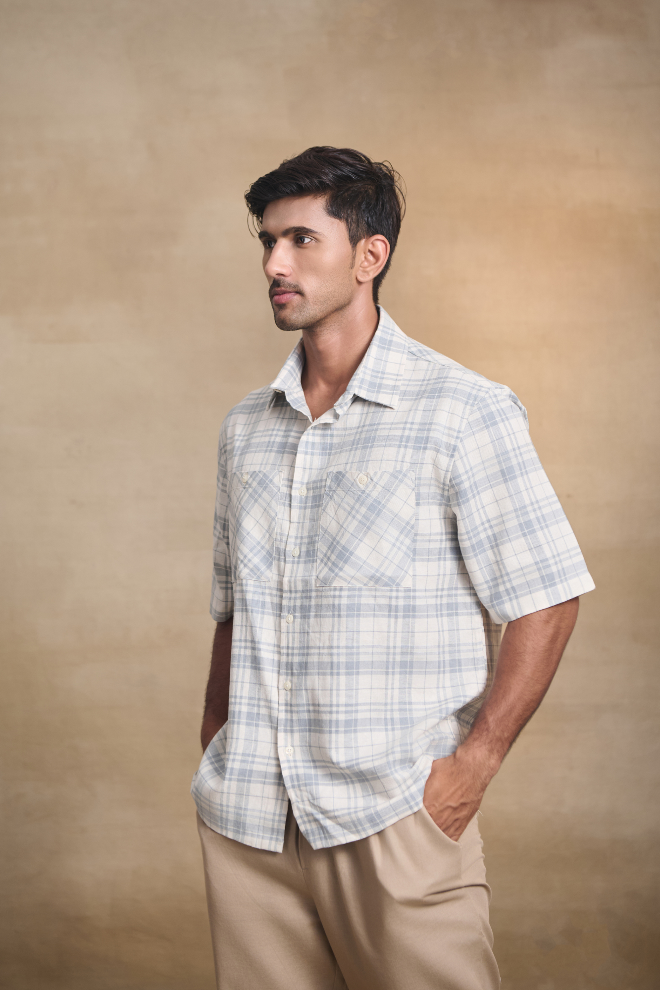 Cotton Linen Blend Half Sleeves Oversize Shirt - Off White