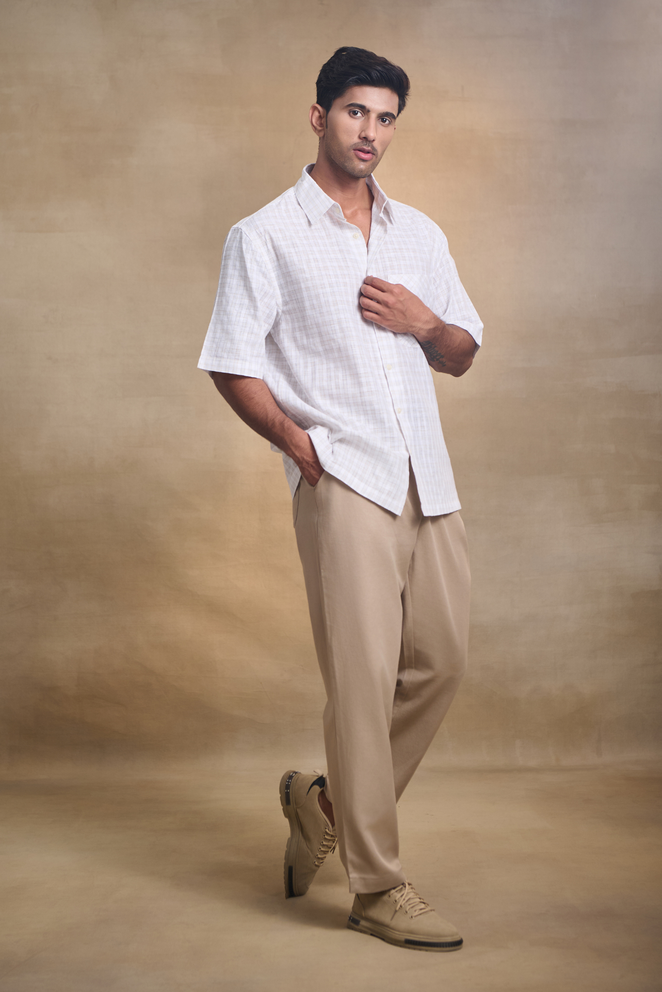 Cotton Linen Blend Half Sleeves Oversize Shirt - Brown