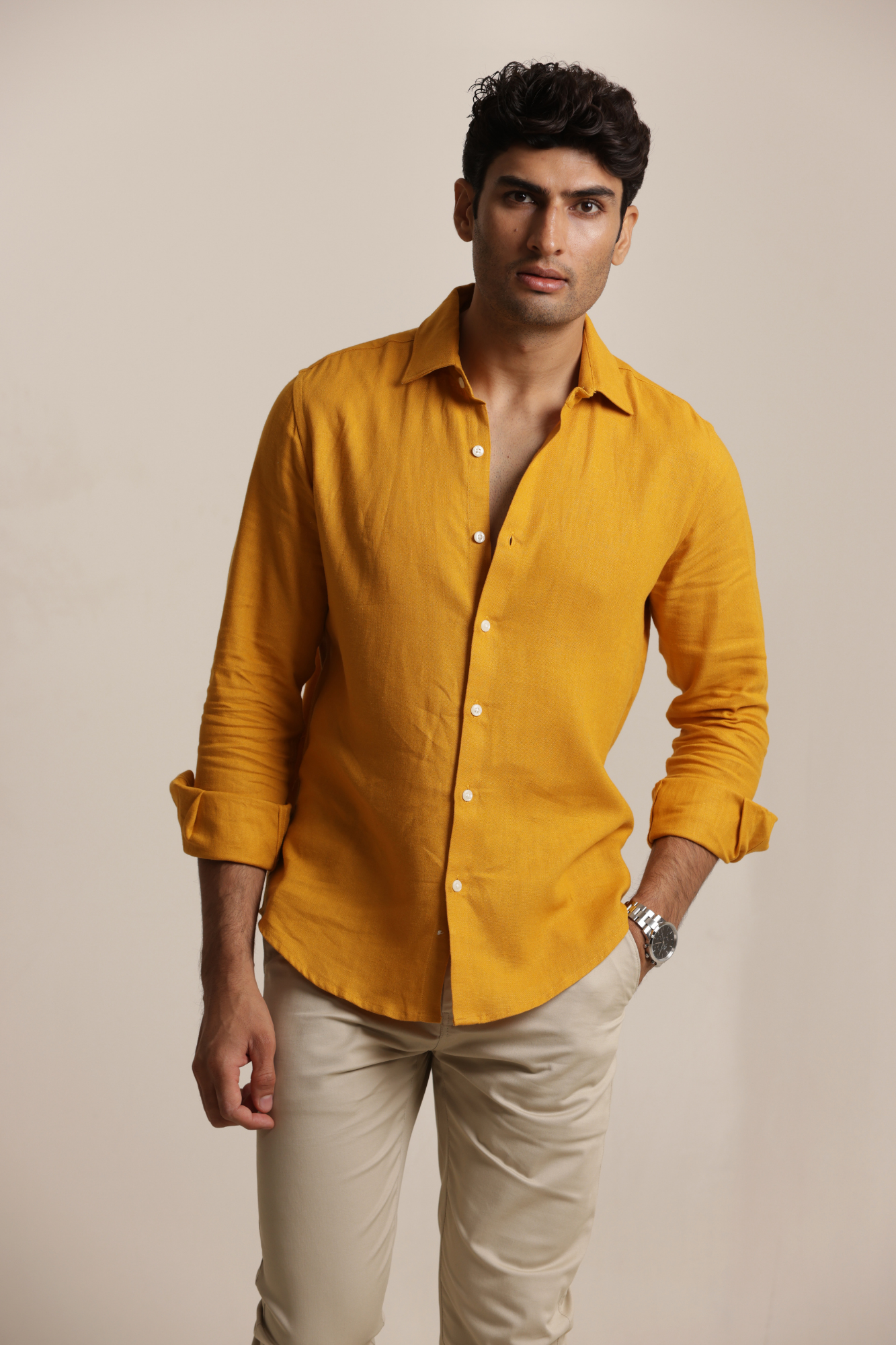 Essential Linen Cotton Blend Shirt - Mustard