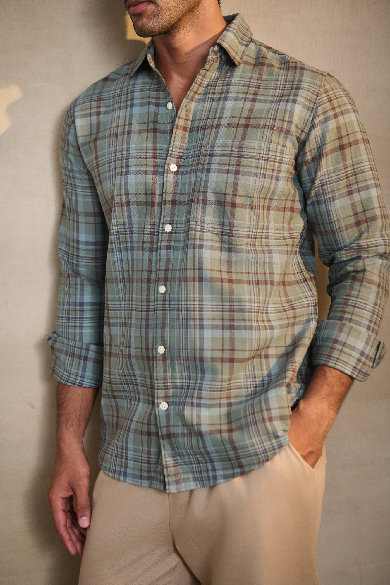 Oxford Check Shirt with 1 Patch Pocket - Dark Green