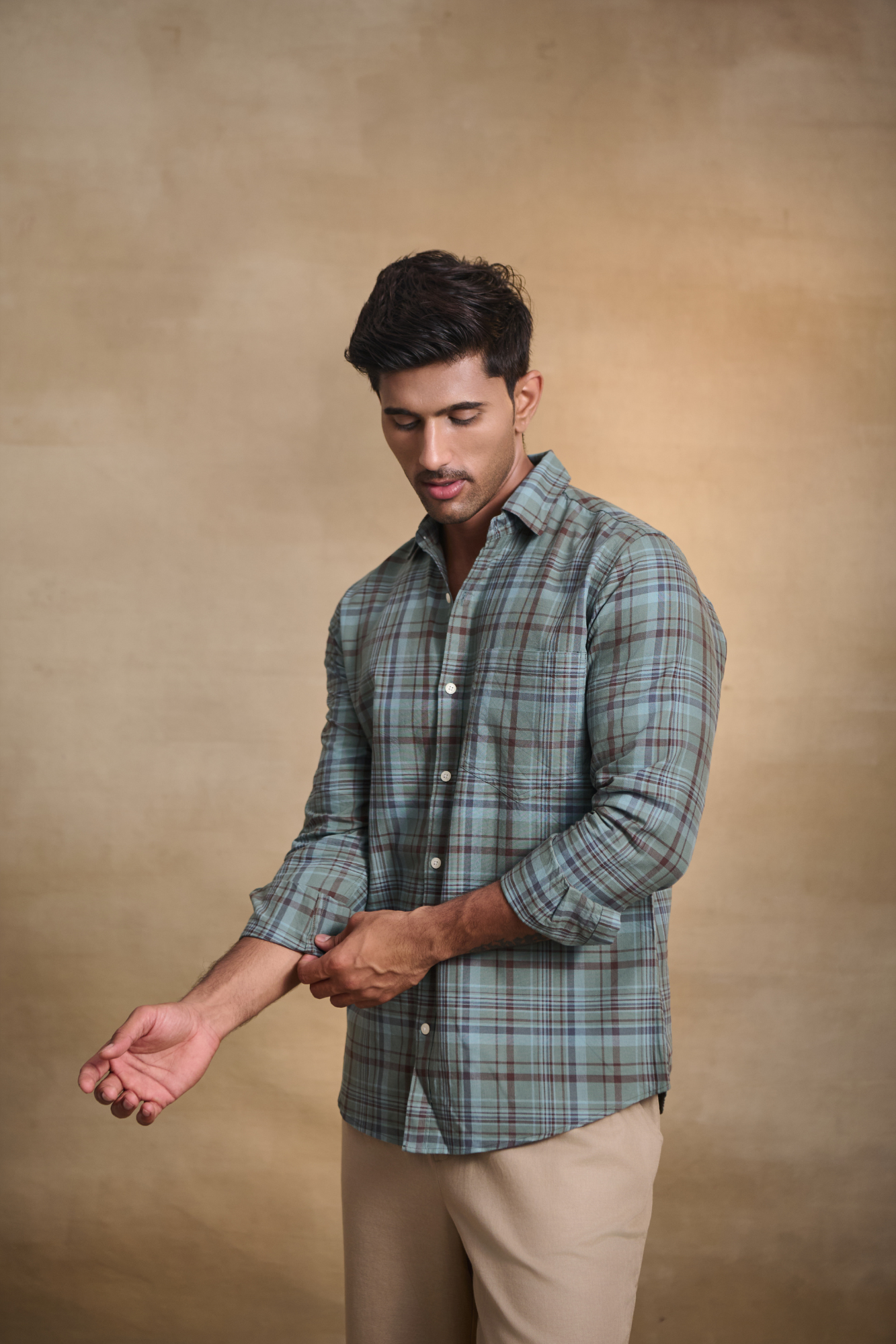 Oxford Check Shirt with 1 Patch Pocket - Dark Green